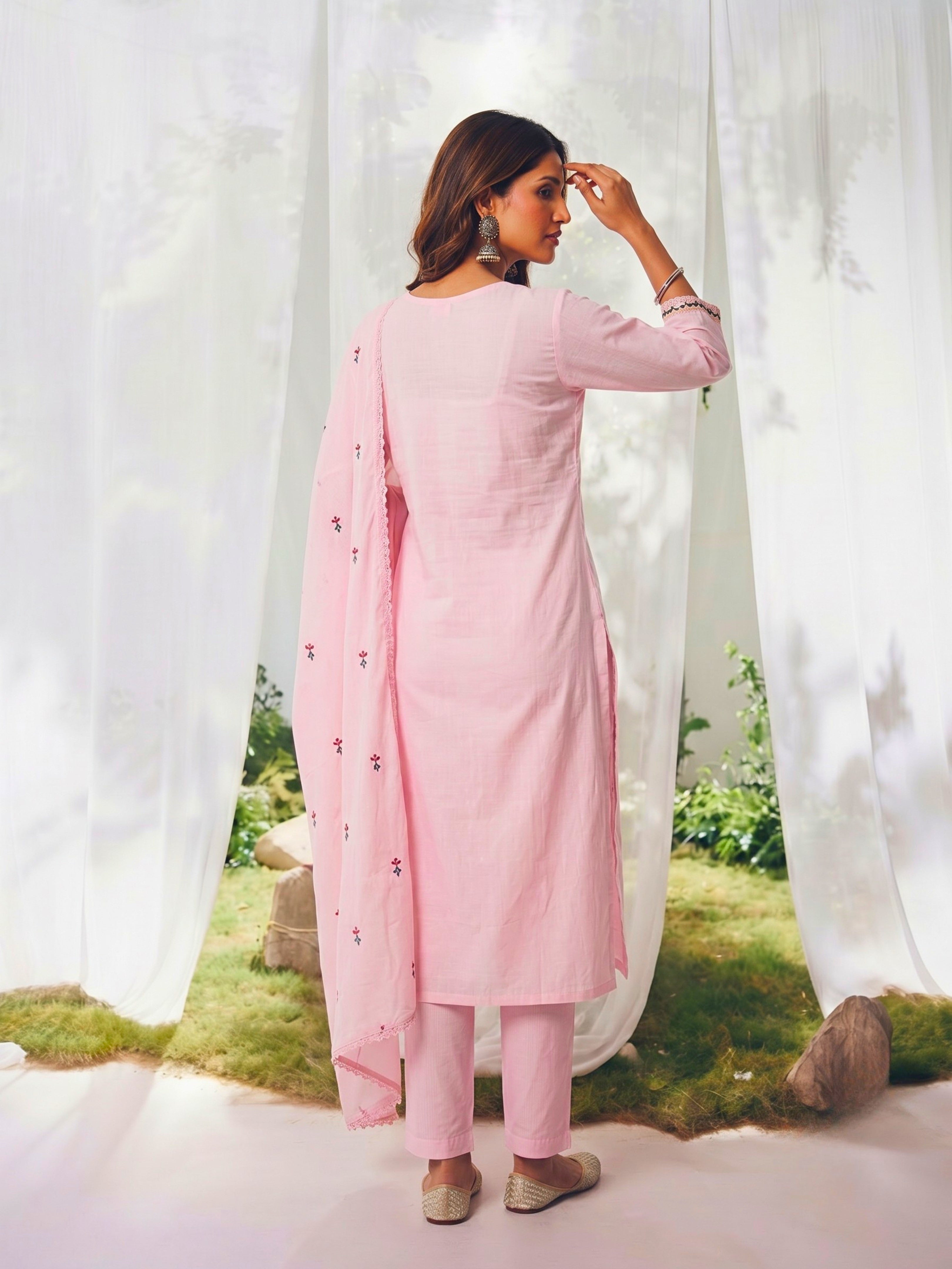 Cotton Embroidered Straight Calf Length Kurta With Pant and Dupatta