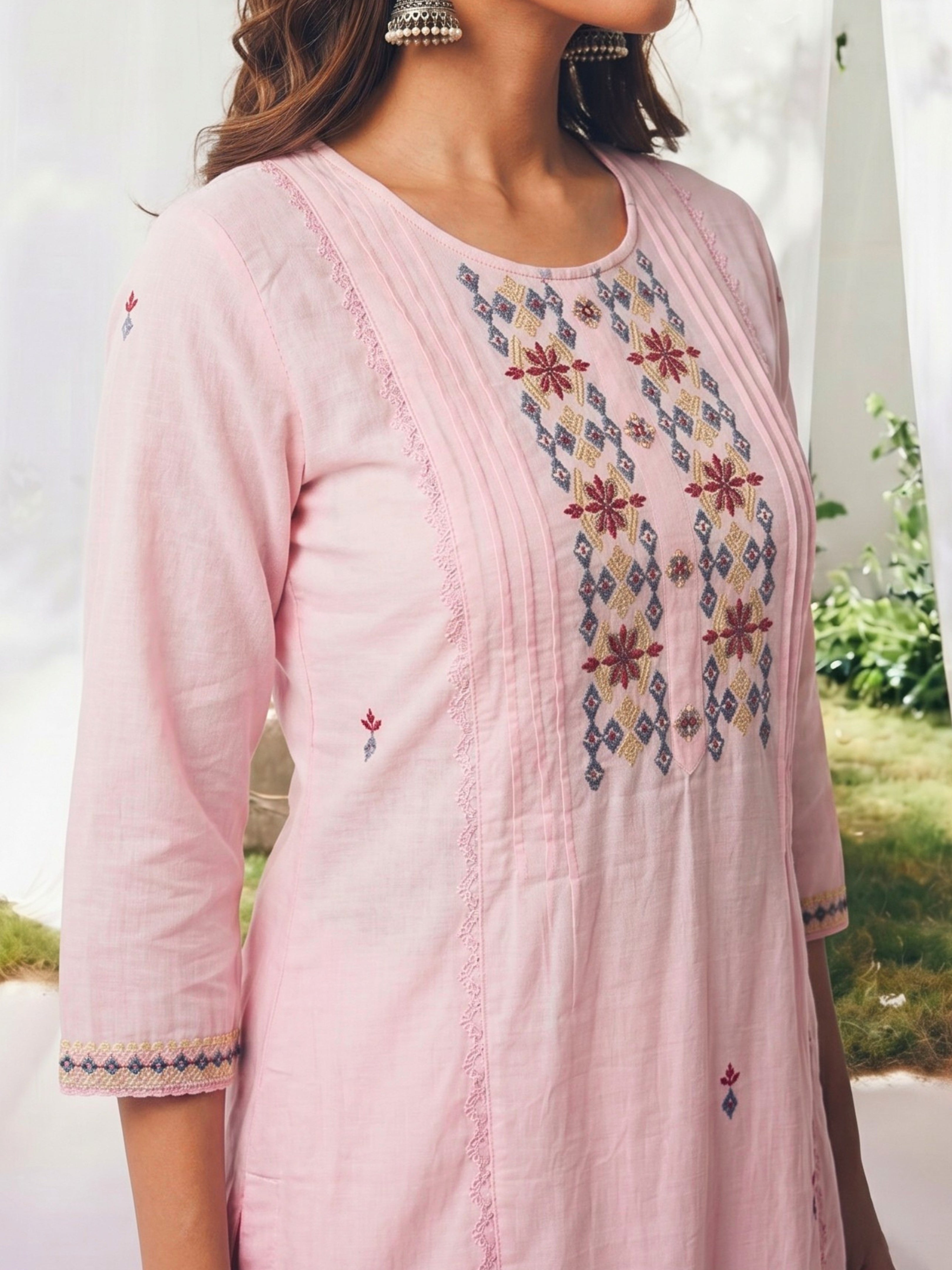 Cotton Embroidered Straight Calf Length Kurta With Pant and Dupatta