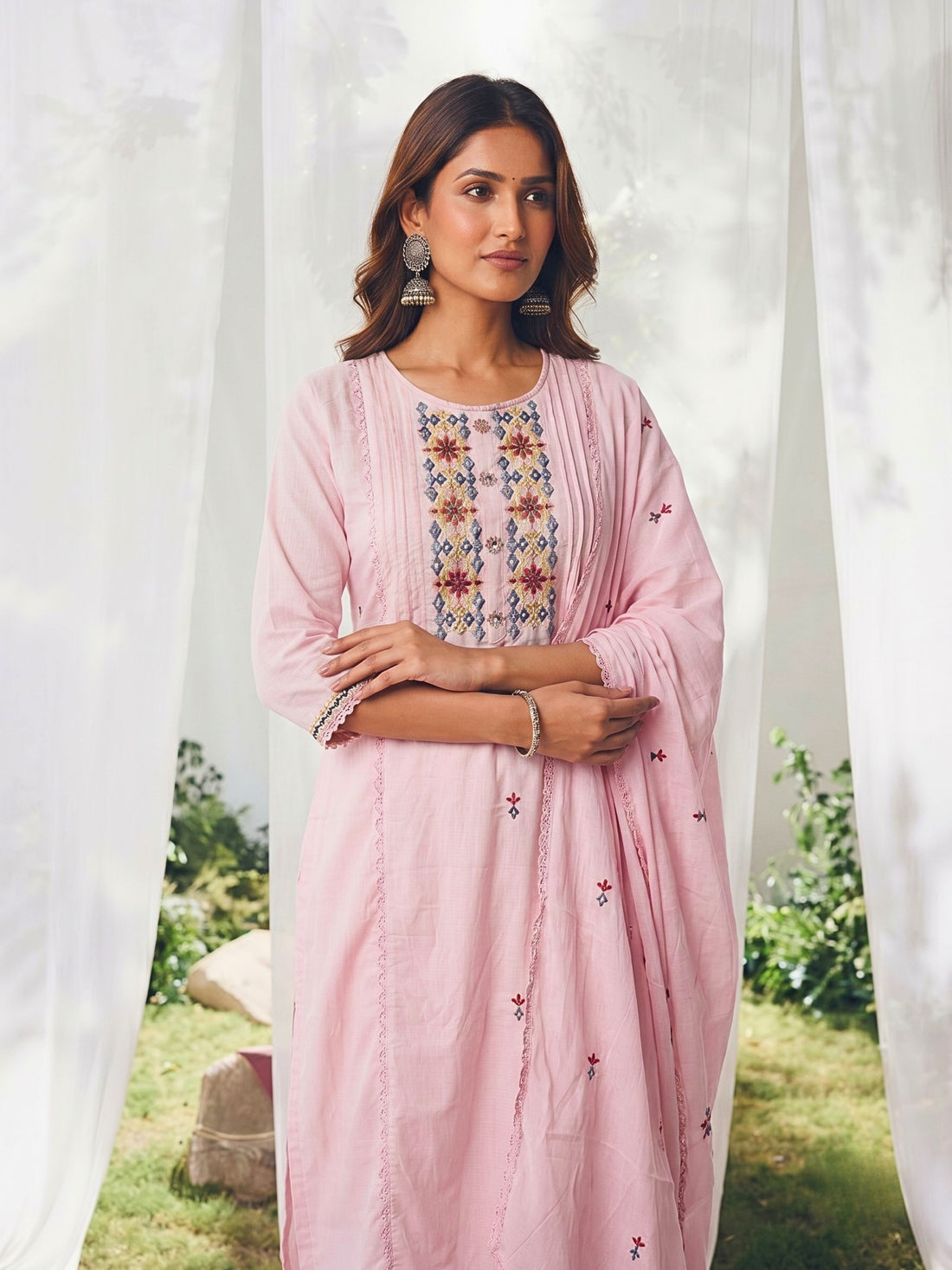 Buy Cotton Embroidered Straight Calf Length Kurta With Pant and Dupatta-Pink