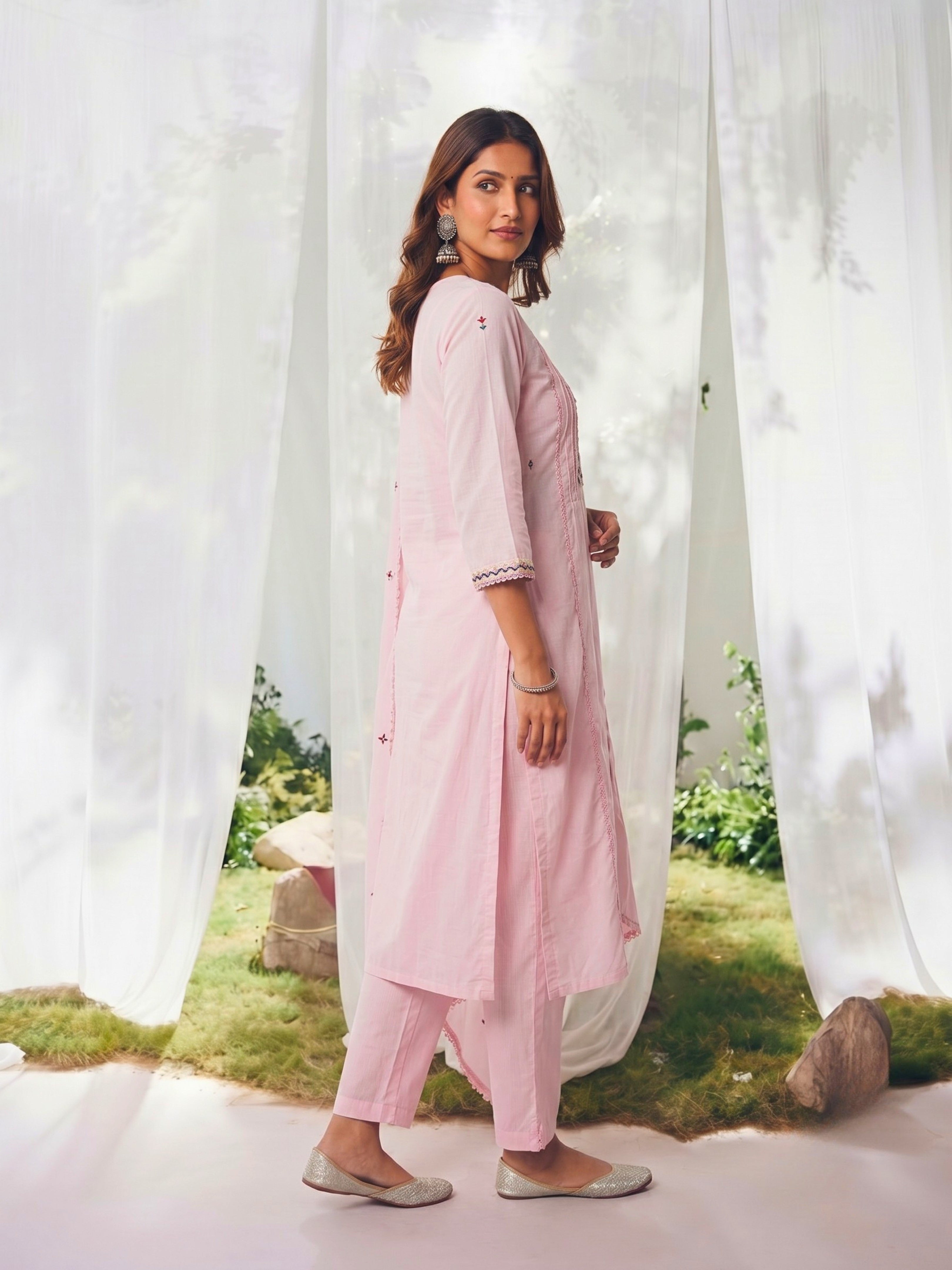 Cotton Embroidered Straight Calf Length Kurta With Pant and Dupatta