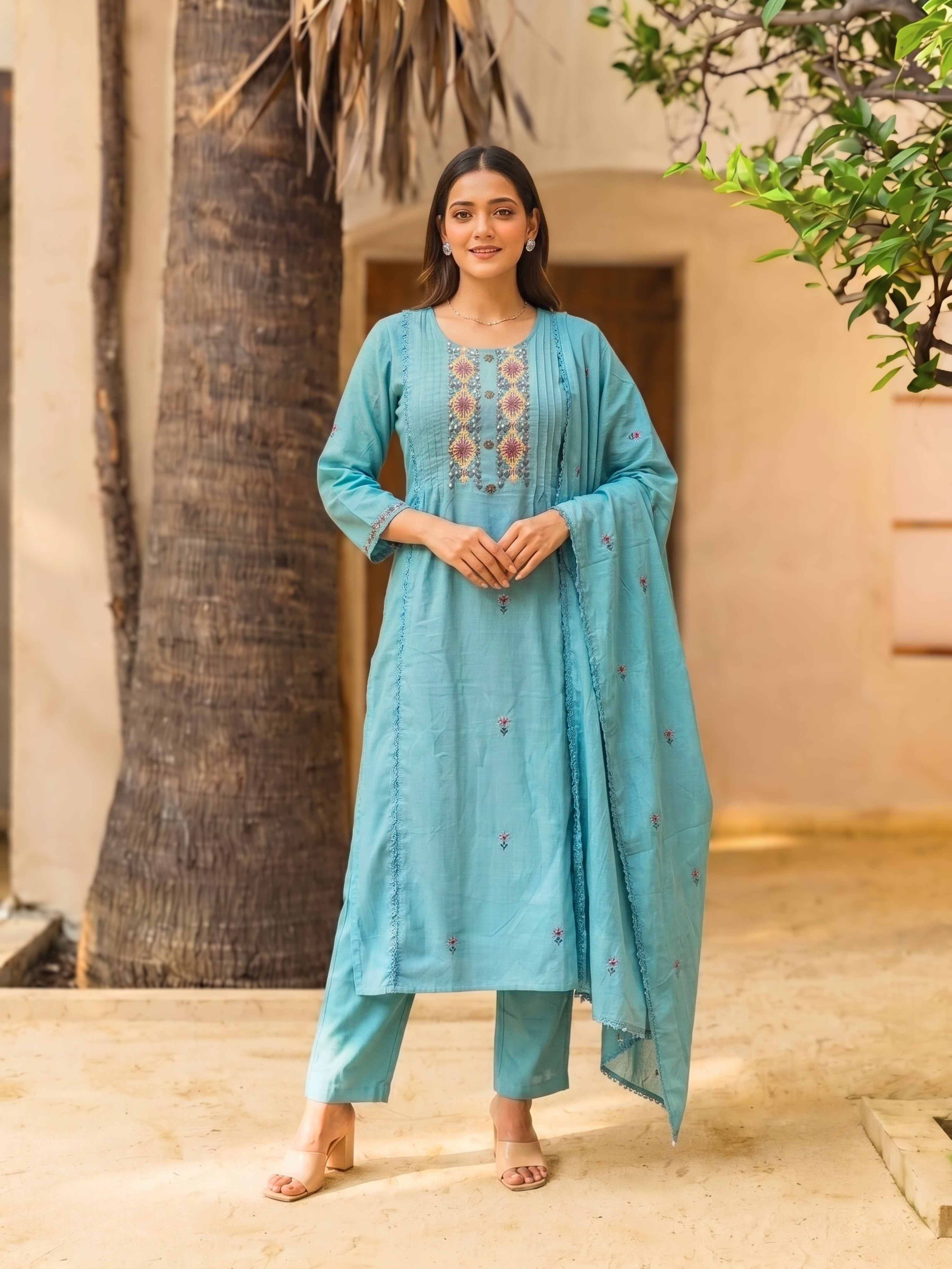 Cotton Embroidered Straight Calf Length Kurta With Pant and Dupatta