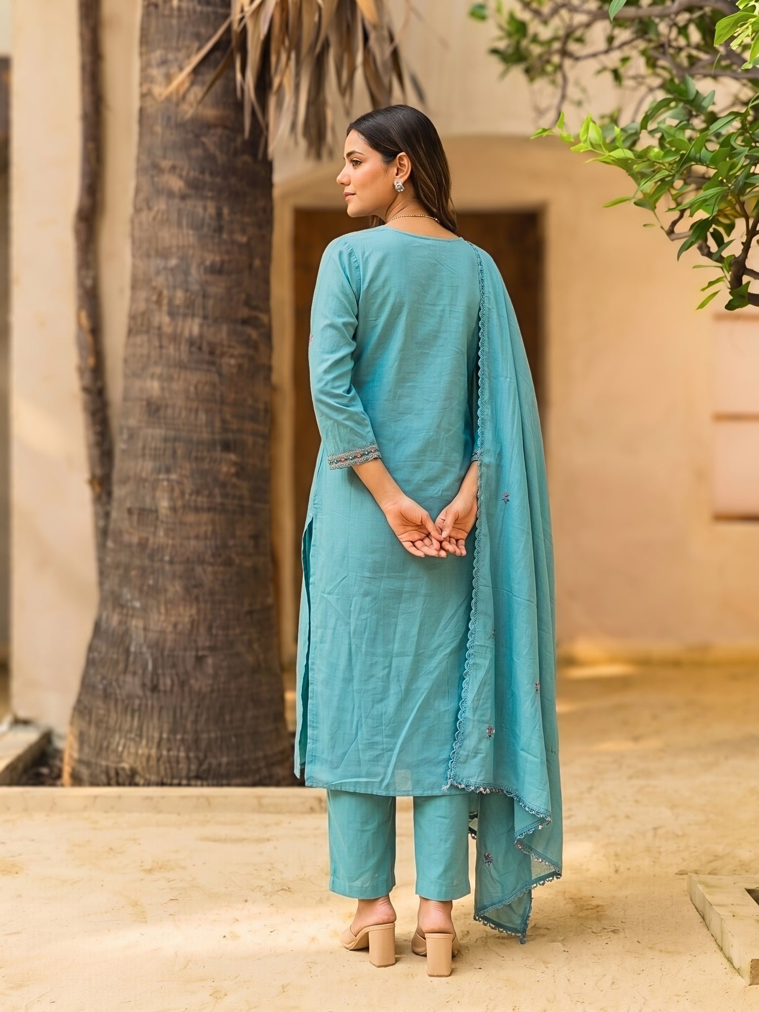 Buy Cotton Embroidered Straight Calf Length Kurta With Pant and Dupatta-Blue