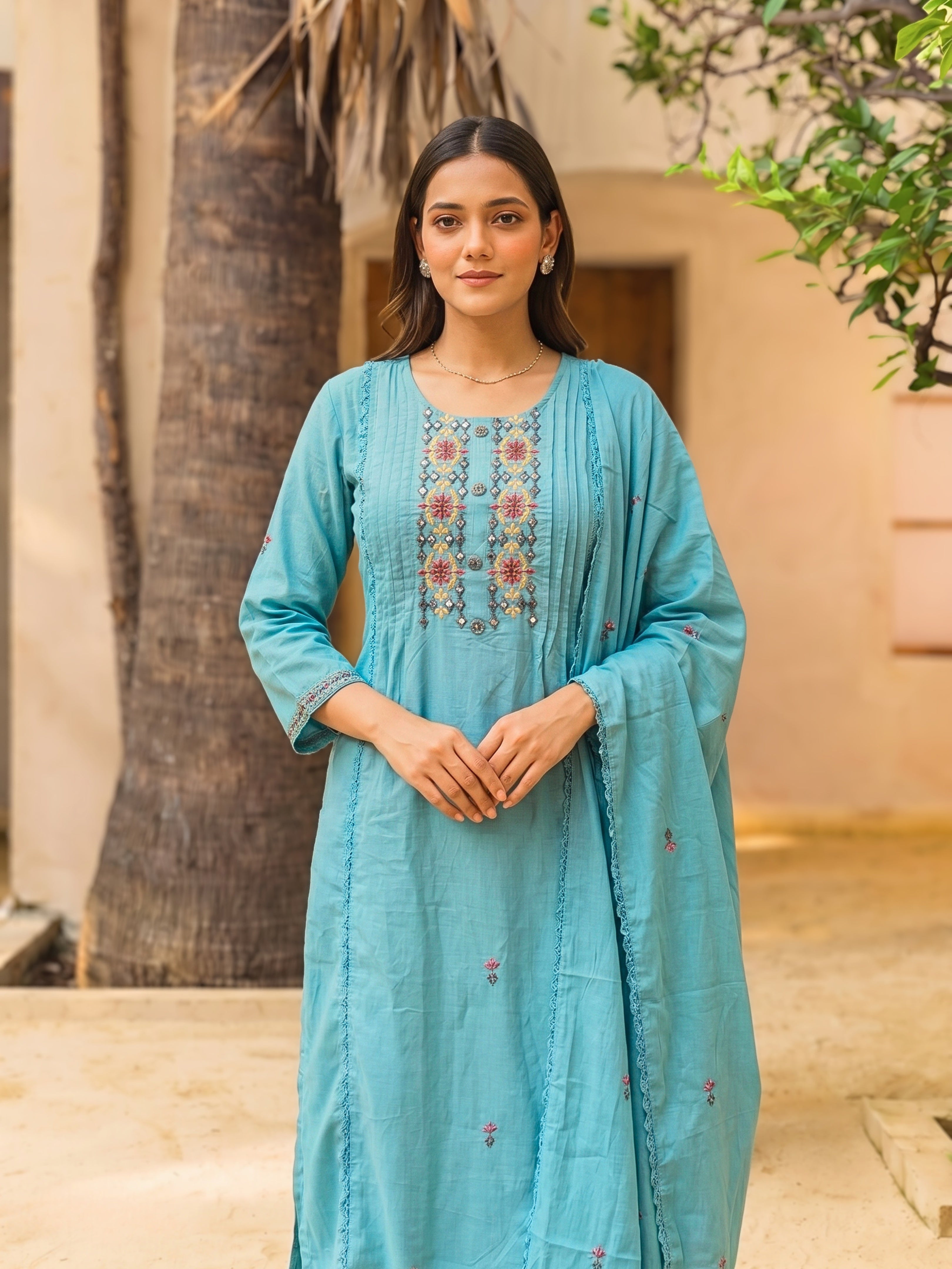 Cotton Embroidered Straight Calf Length Kurta With Pant and Dupatta