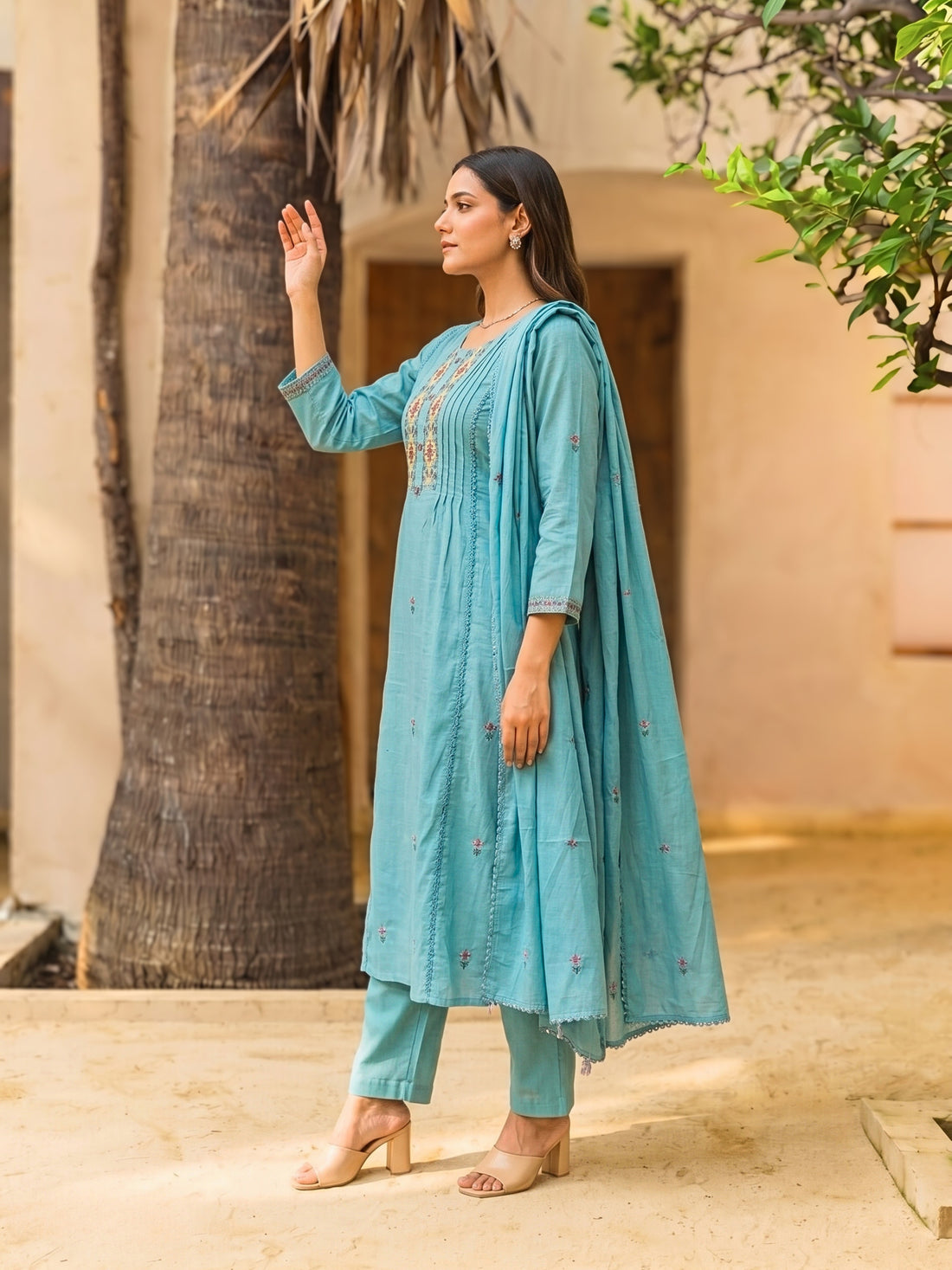 Buy Cotton Embroidered Straight Calf Length Kurta With Pant and Dupatta-Blue