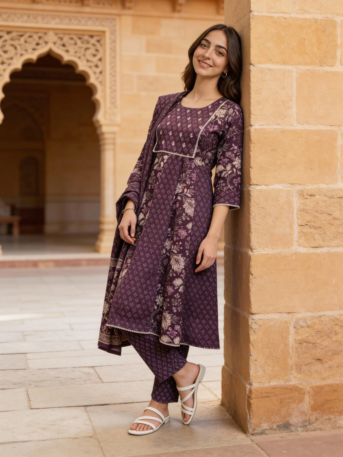 Buy Cotton Embellished Anarkali Calf Length Salwar Suit-Purple