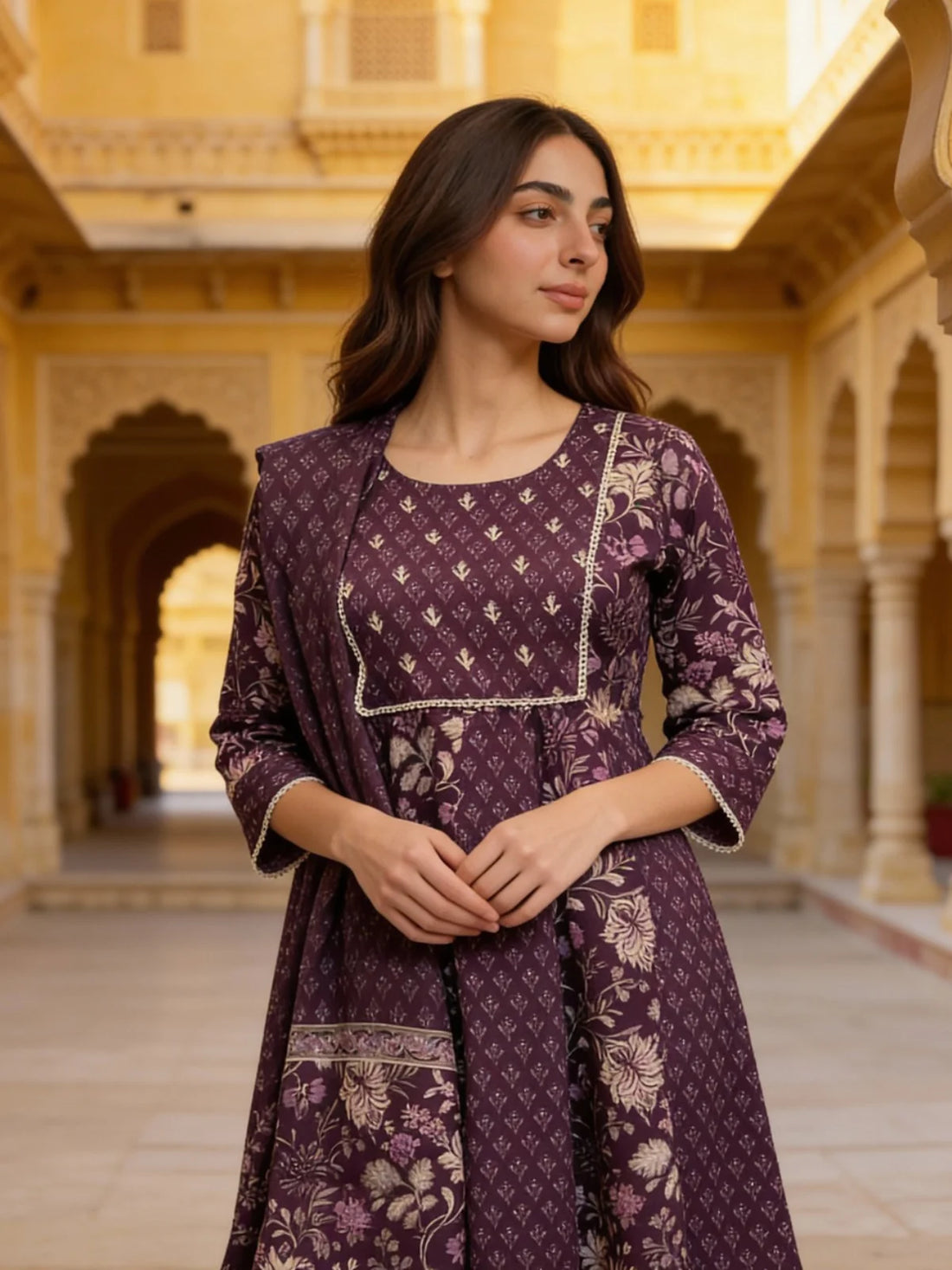 Buy Cotton Embellished Anarkali Calf Length Salwar Suit-Purple