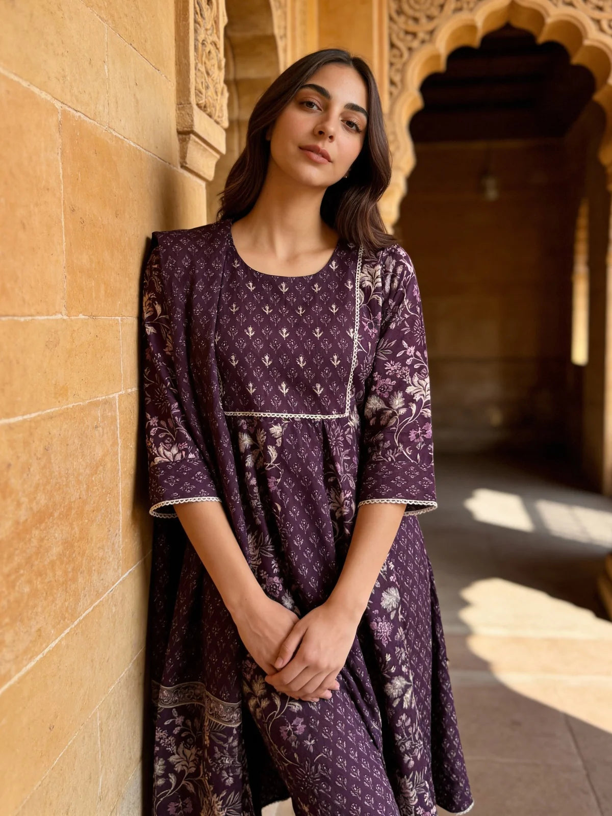 Buy Cotton Embellished Anarkali Calf Length Salwar Suit-Purple