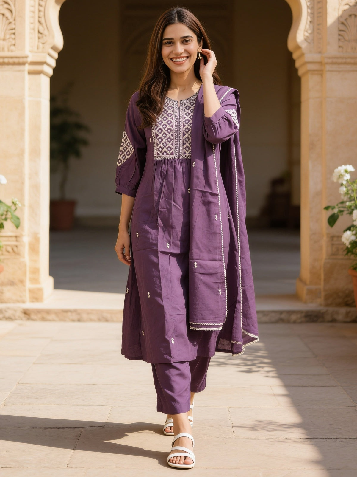 Buy Cotton Embroidered Flared Calf Length Kurta With Pant and Dupatta-Purple