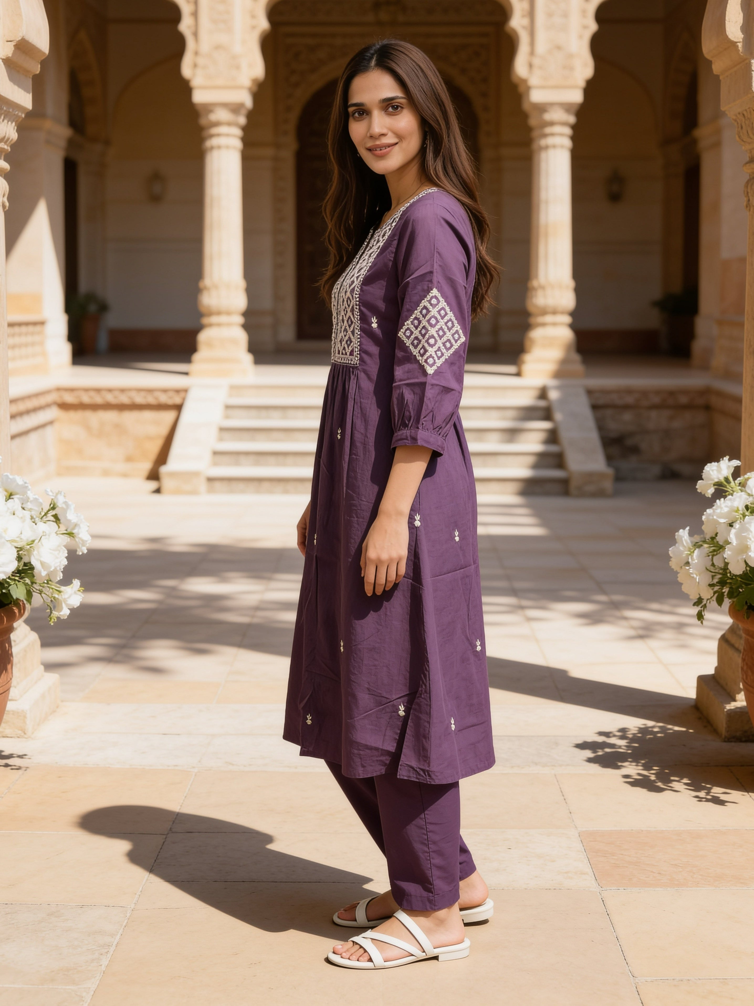 Cotton Embroidered Flared Calf Length Kurta With Pant and Dupatta
