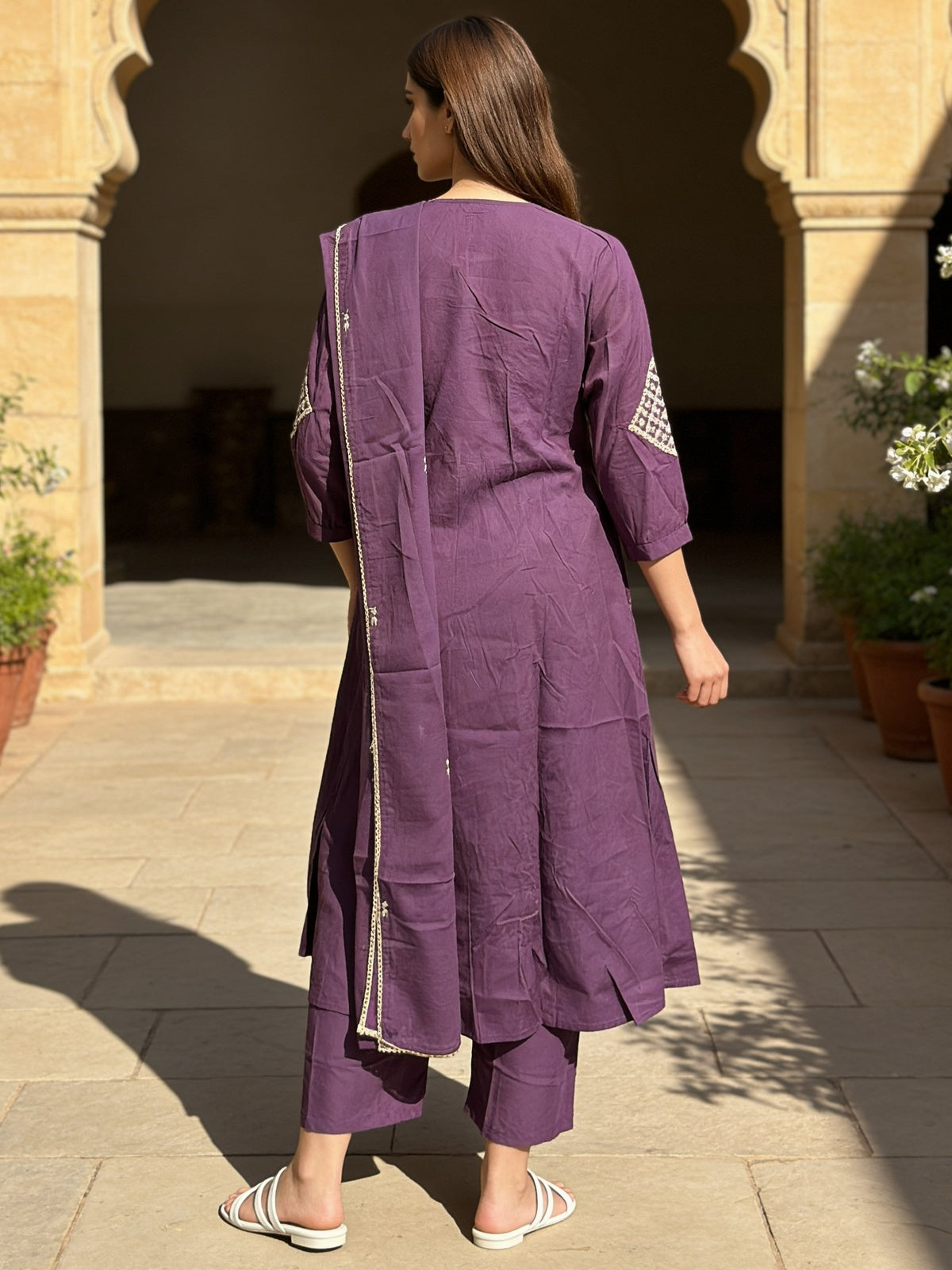 Cotton Embroidered Flared Calf Length Kurta With Pant and Dupatta
