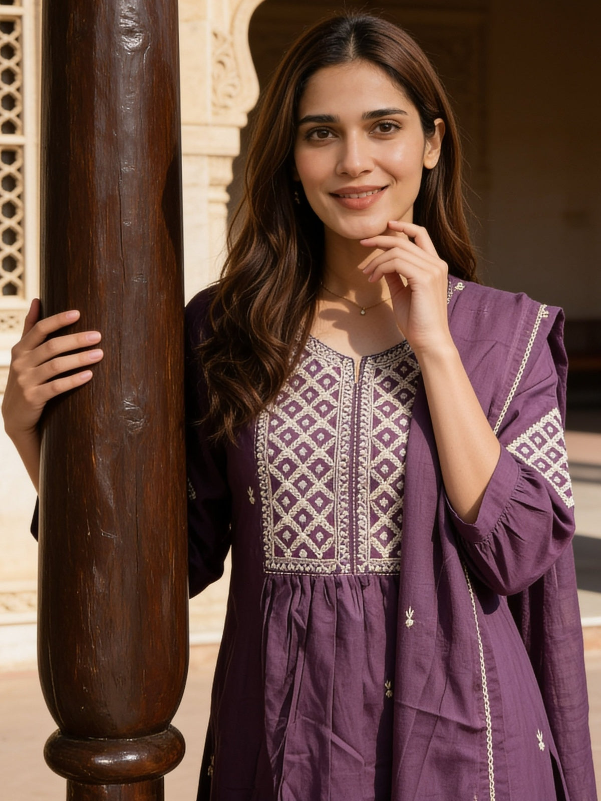 Cotton Embroidered Flared Calf Length Kurta With Pant and Dupatta