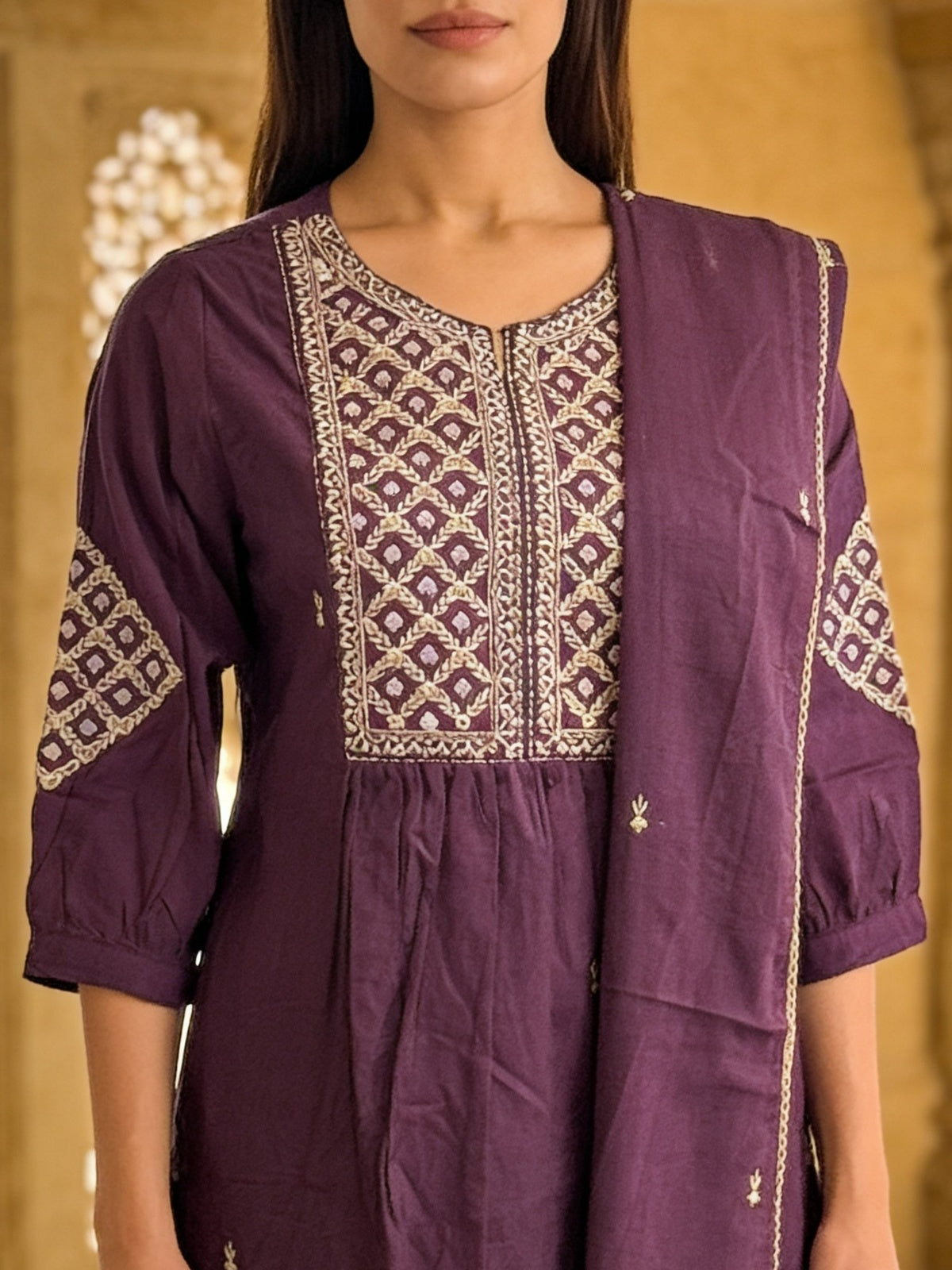 Cotton Embroidered Flared Calf Length Kurta With Pant and Dupatta
