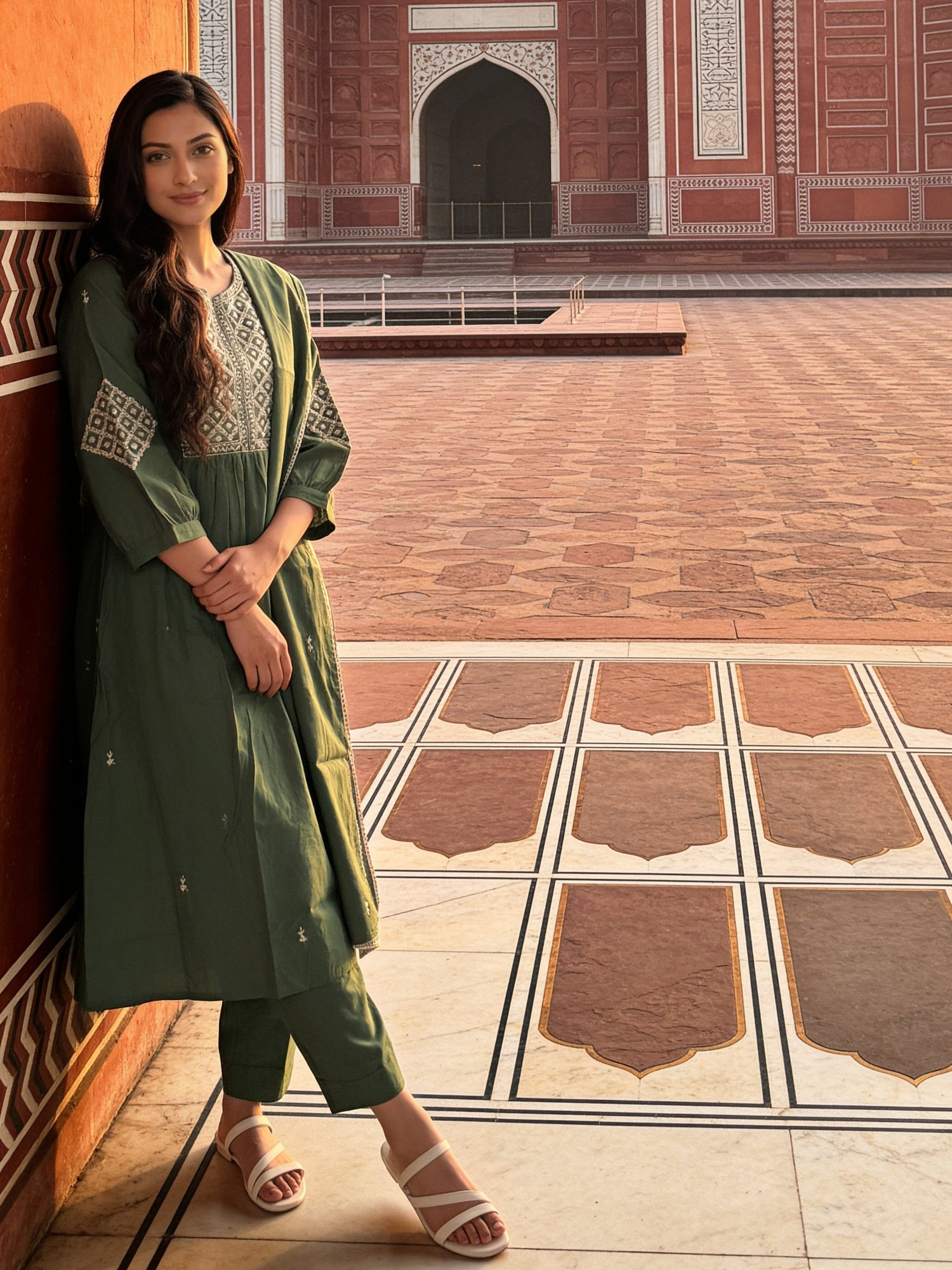 Buy Cotton Embroidered Flared Calf Length Kurta With Pant and Dupatta-Green