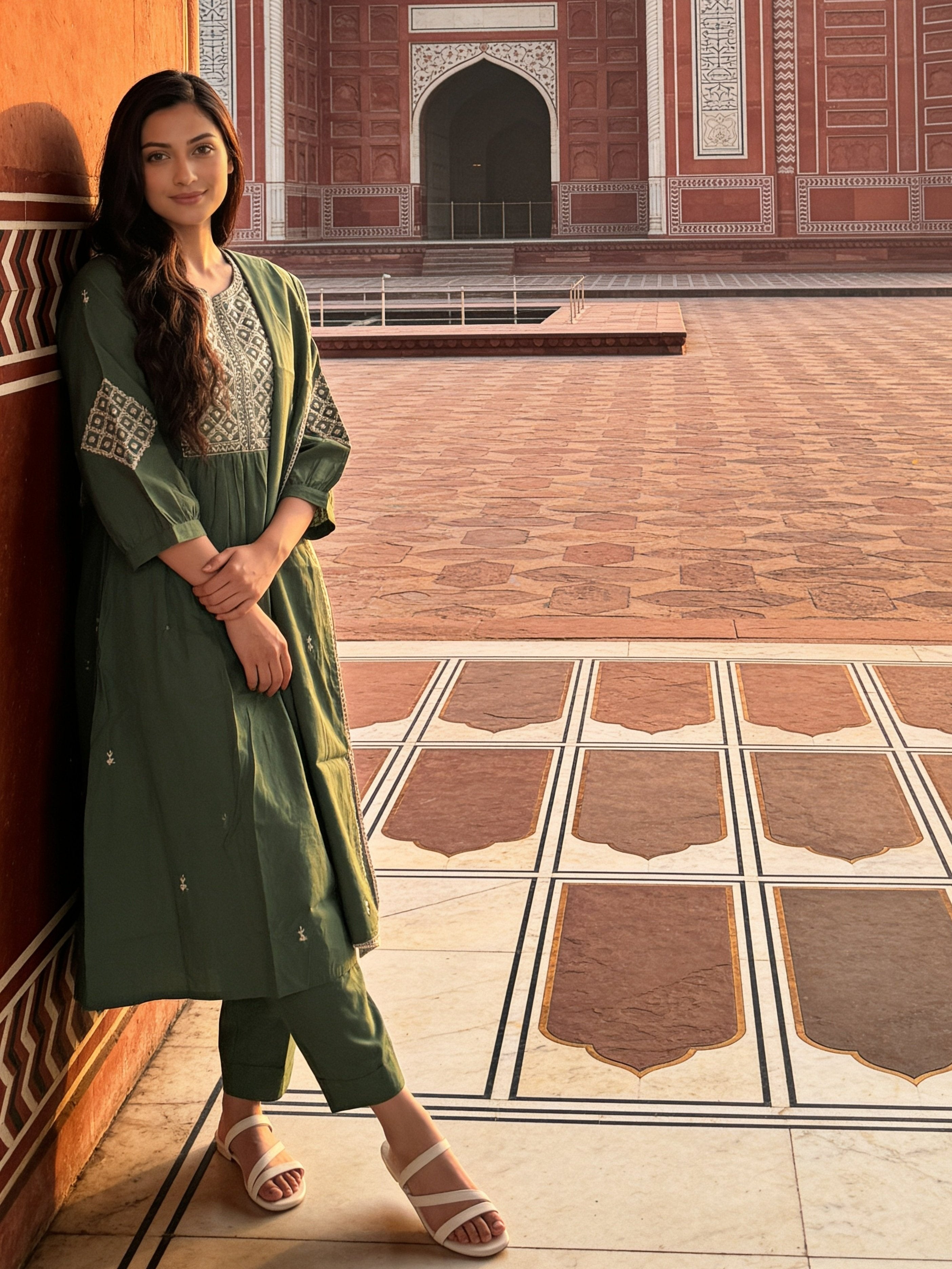 Cotton Embroidered Flared Calf Length Kurta With Pant and Dupatta