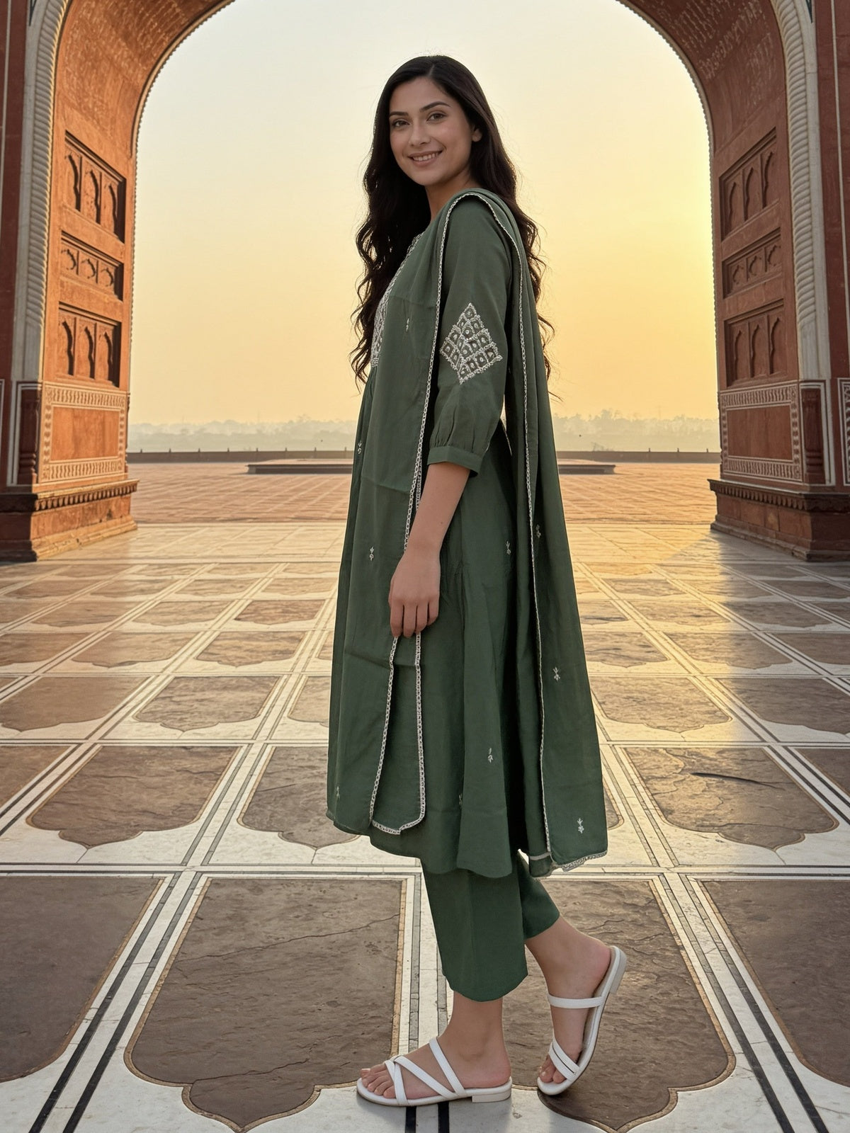 Cotton Embroidered Flared Calf Length Kurta With Pant and Dupatta