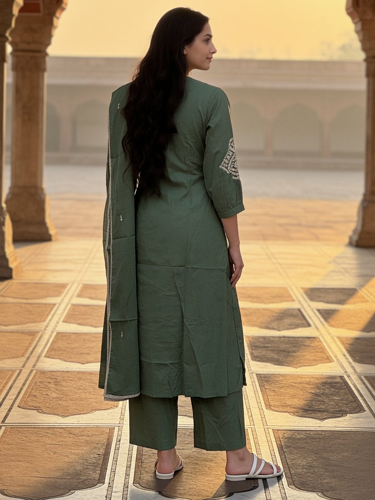 Buy Cotton Embroidered Flared Calf Length Kurta With Pant and Dupatta-Green