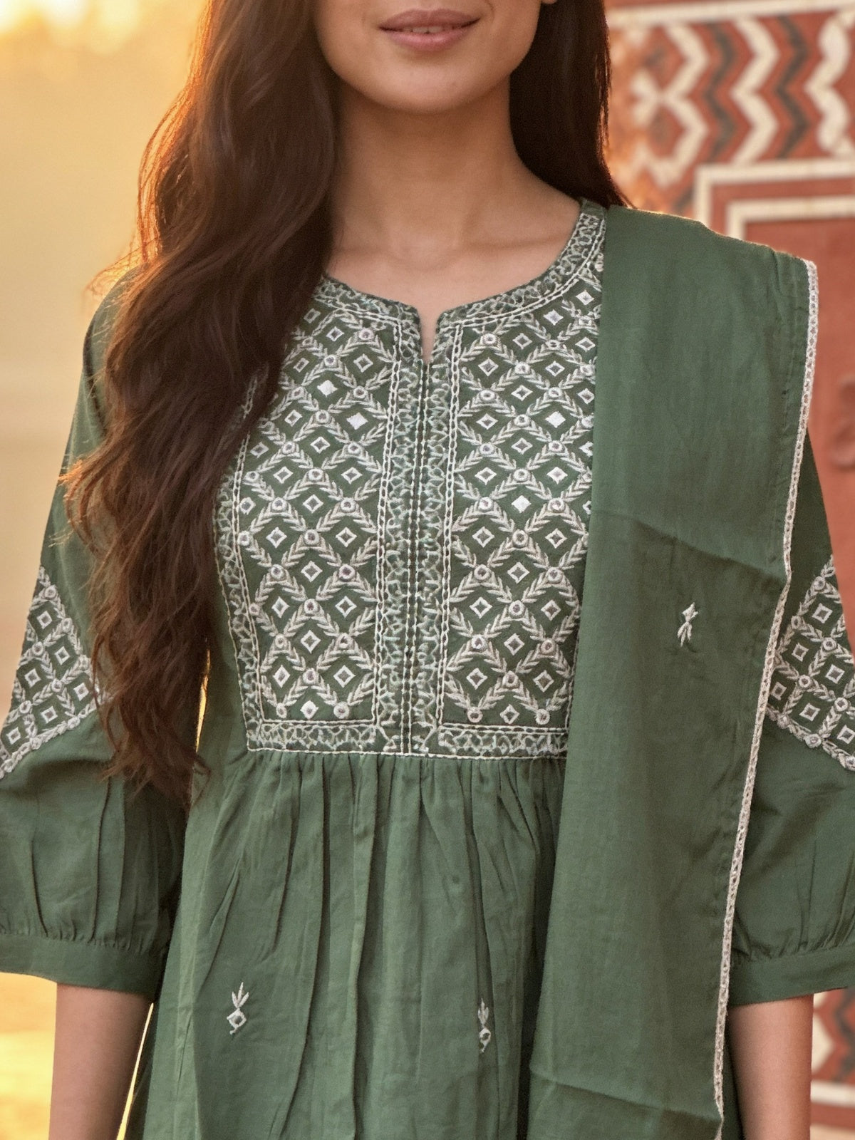 Cotton Embroidered Flared Calf Length Kurta With Pant and Dupatta