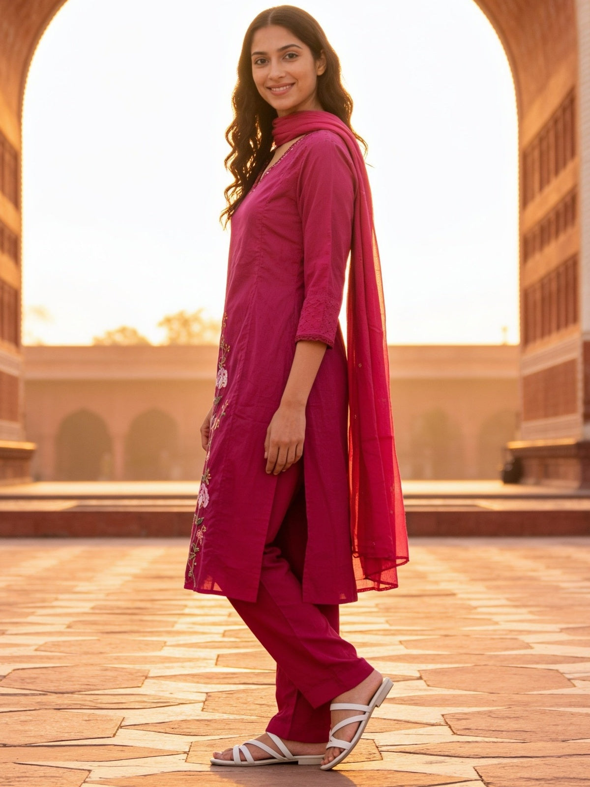 Cotton Embroidered Straight Calf Length Kurta With Pant and Dupatta