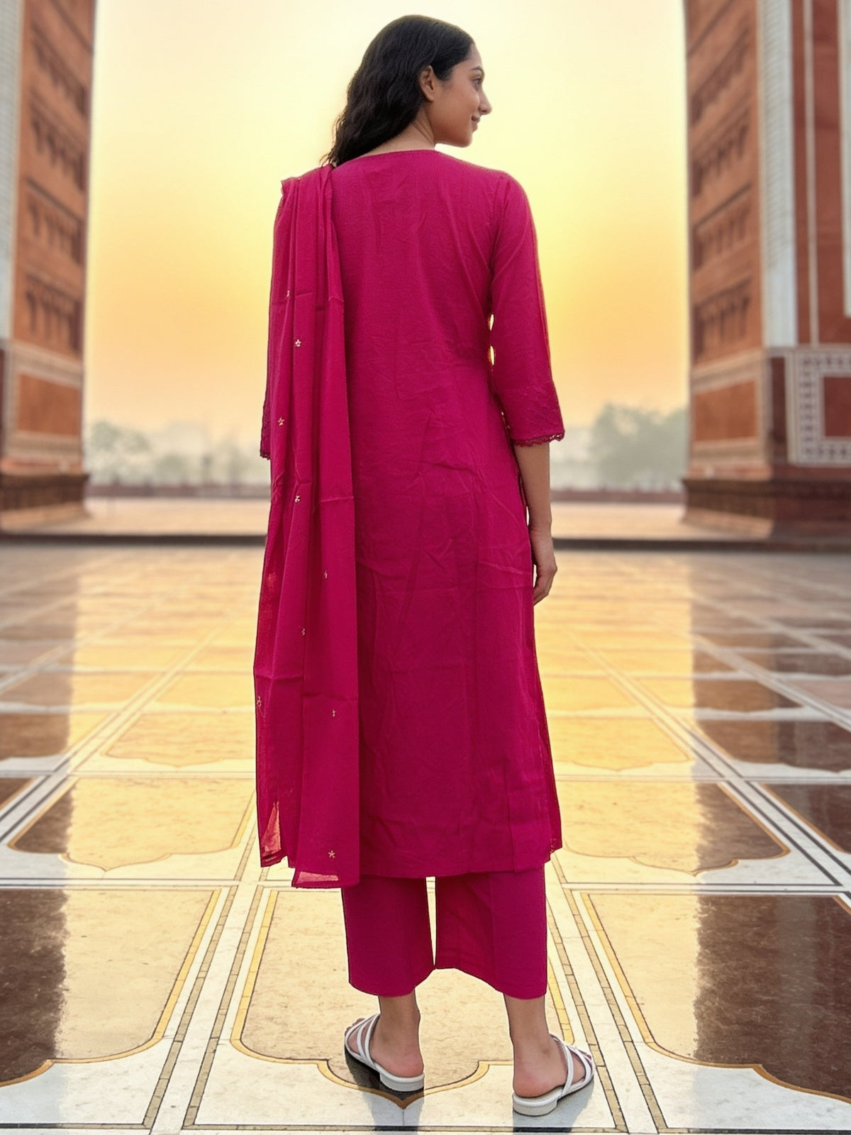 Buy Cotton Embroidered Straight Calf Length Kurta With Pant and Dupatta-Pink