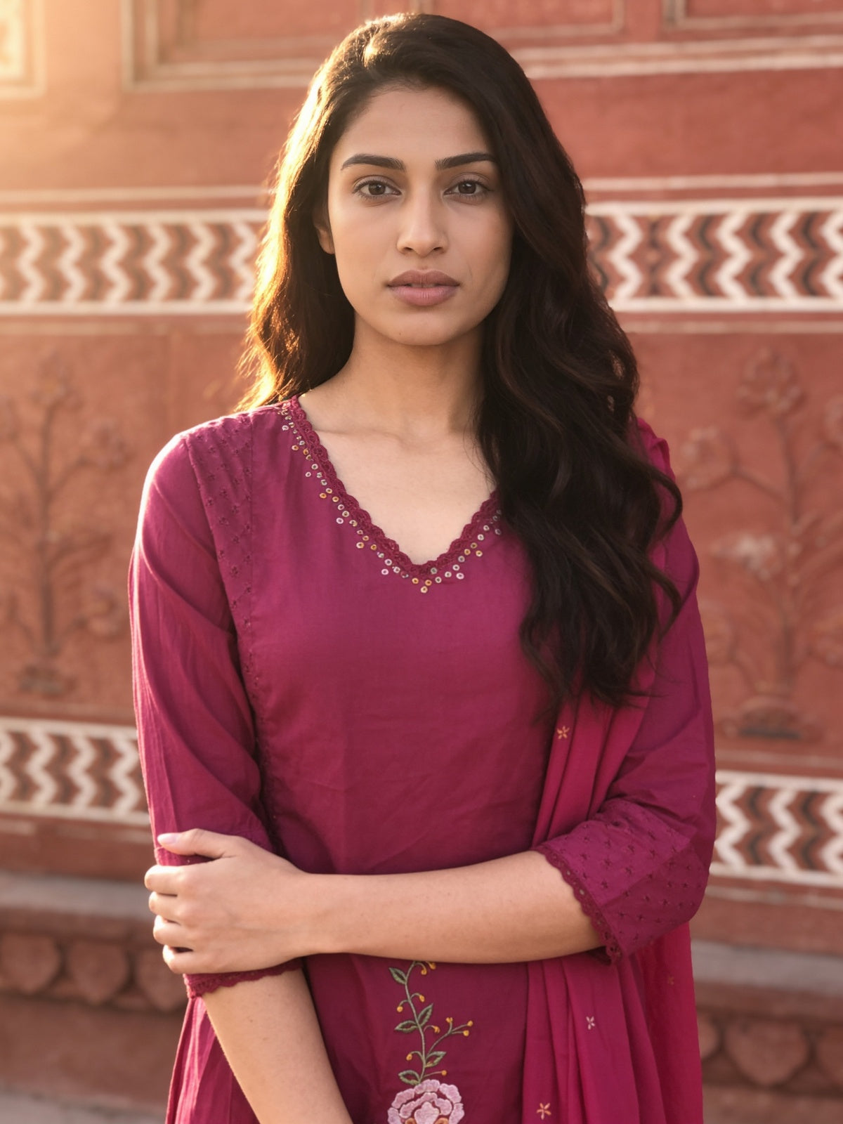 Cotton Embroidered Straight Calf Length Kurta With Pant and Dupatta