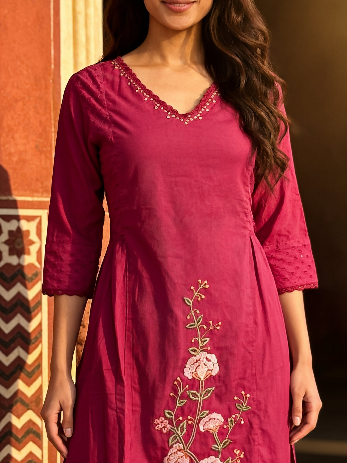 Cotton Embroidered Straight Calf Length Kurta With Pant and Dupatta