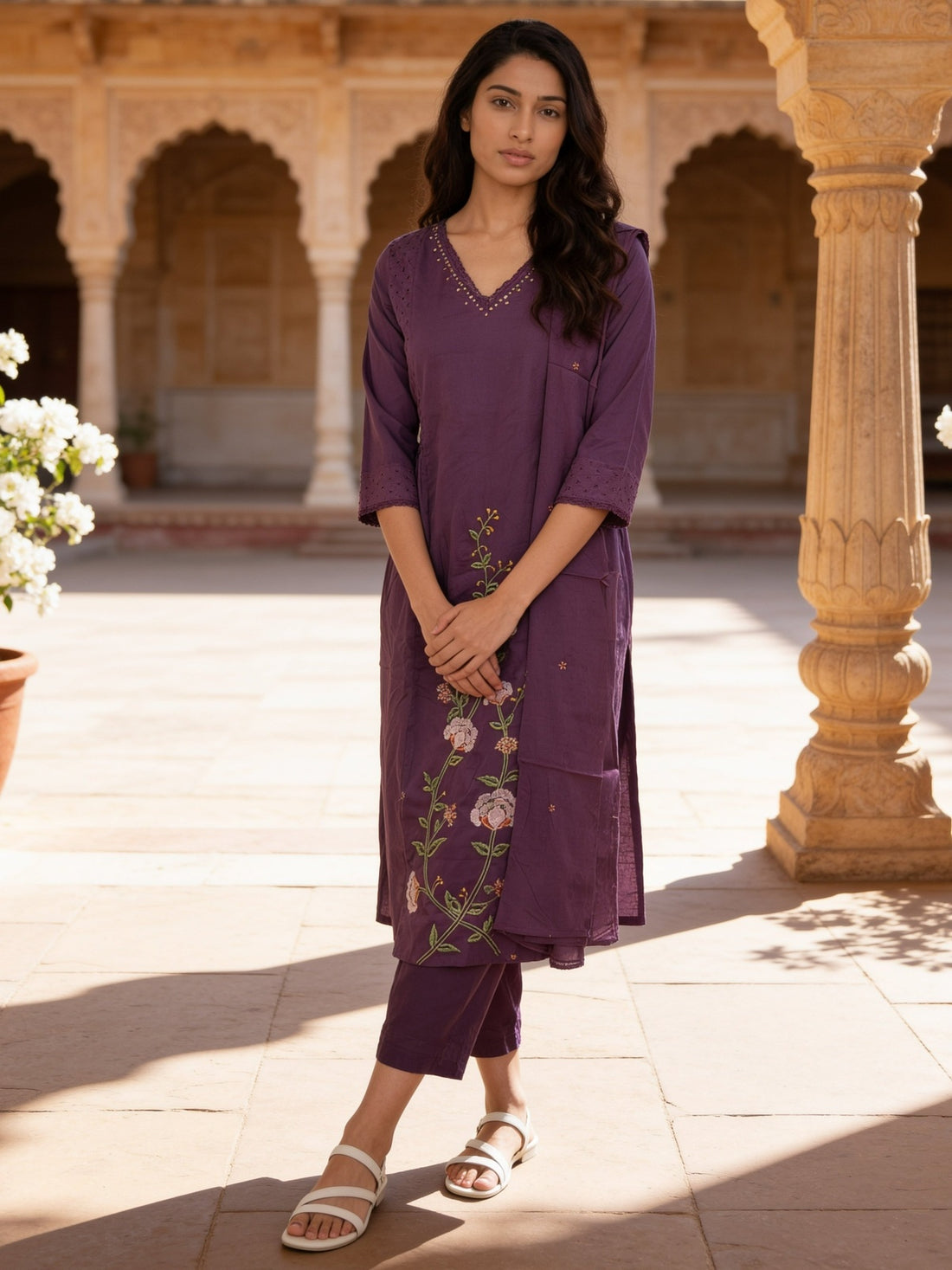 Buy Cotton Embroidered Straight Calf Length Kurta With Pant and Dupatta-Purple
