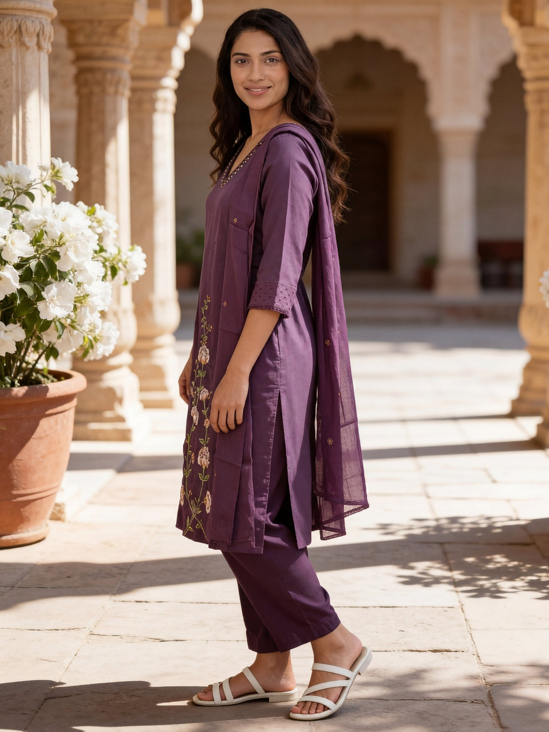 Buy Cotton Embroidered Straight Calf Length Kurta With Pant and Dupatta-Purple