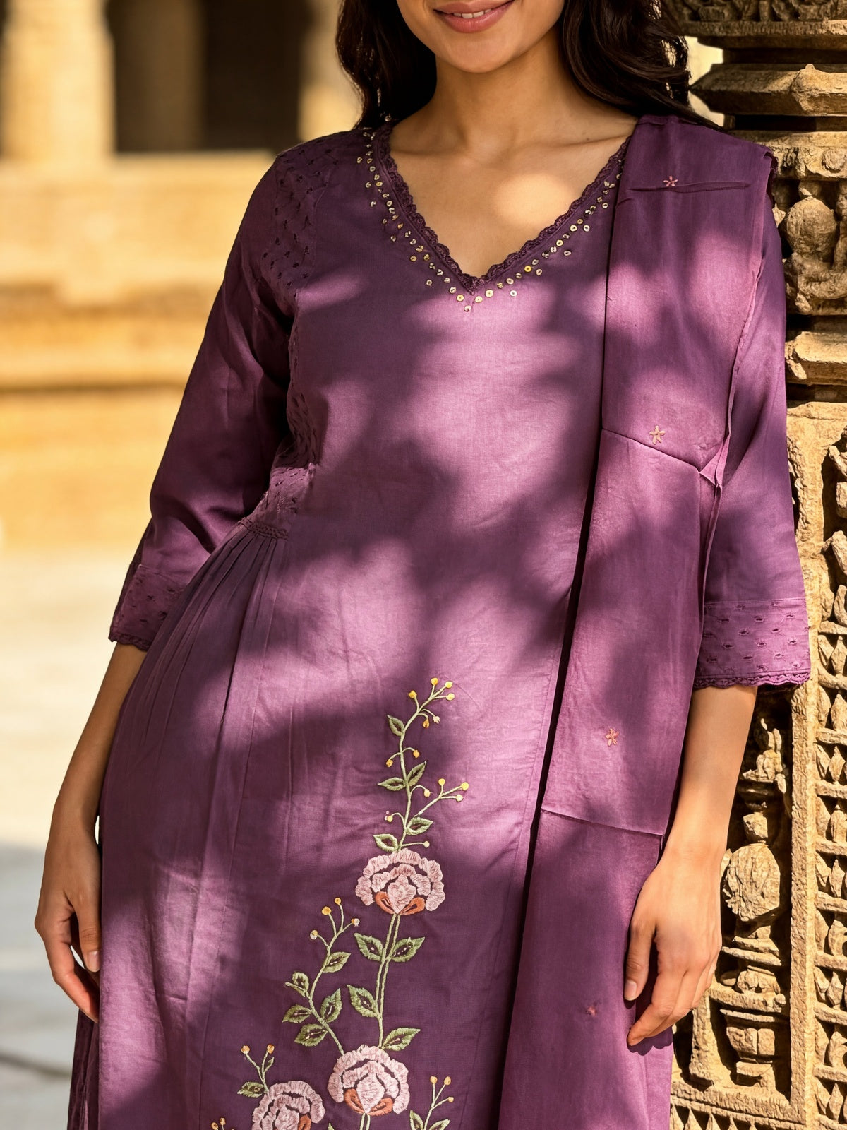 Cotton Embroidered Straight Calf Length Kurta With Pant and Dupatta