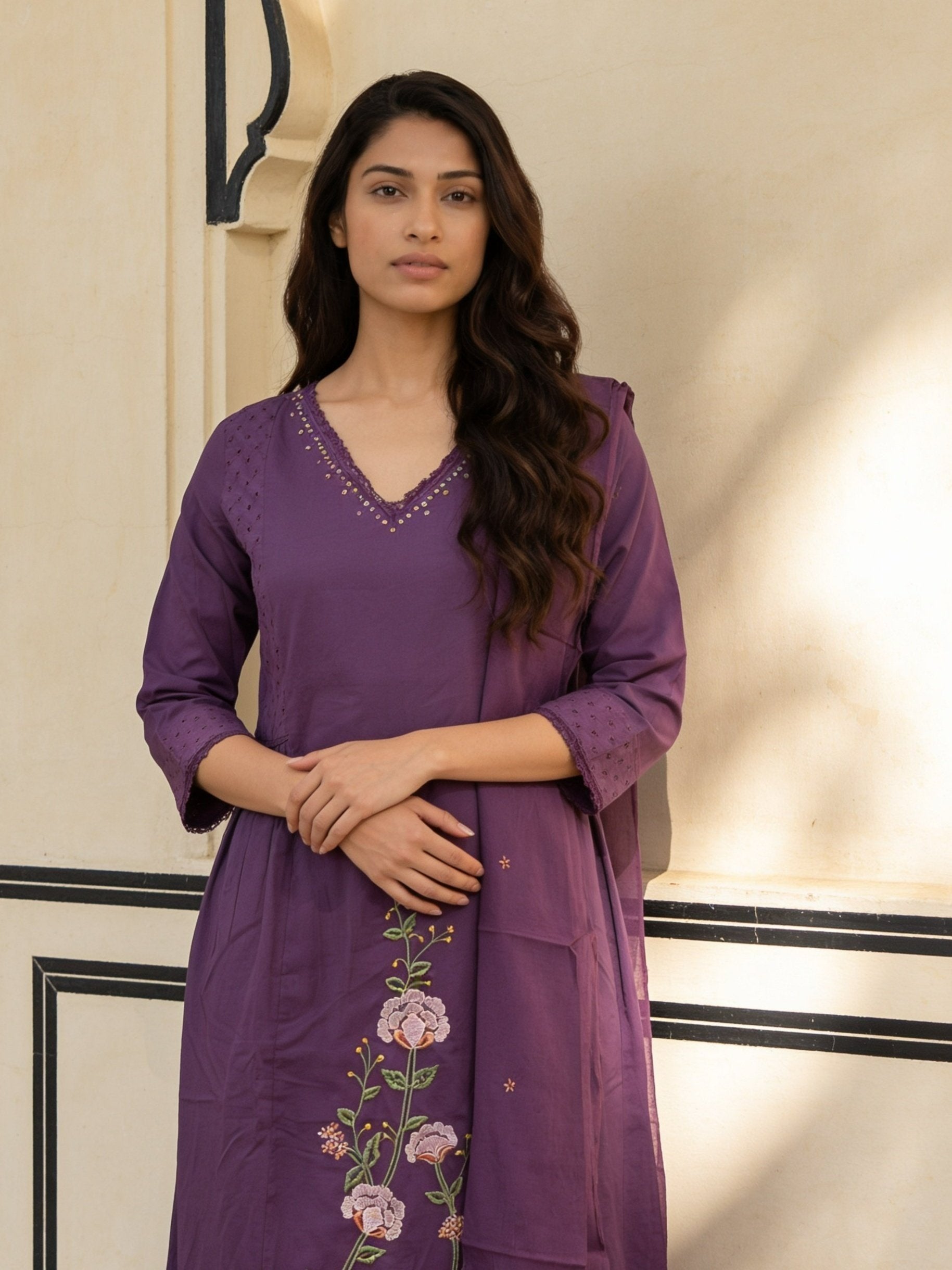 Cotton Embroidered Straight Calf Length Kurta With Pant and Dupatta