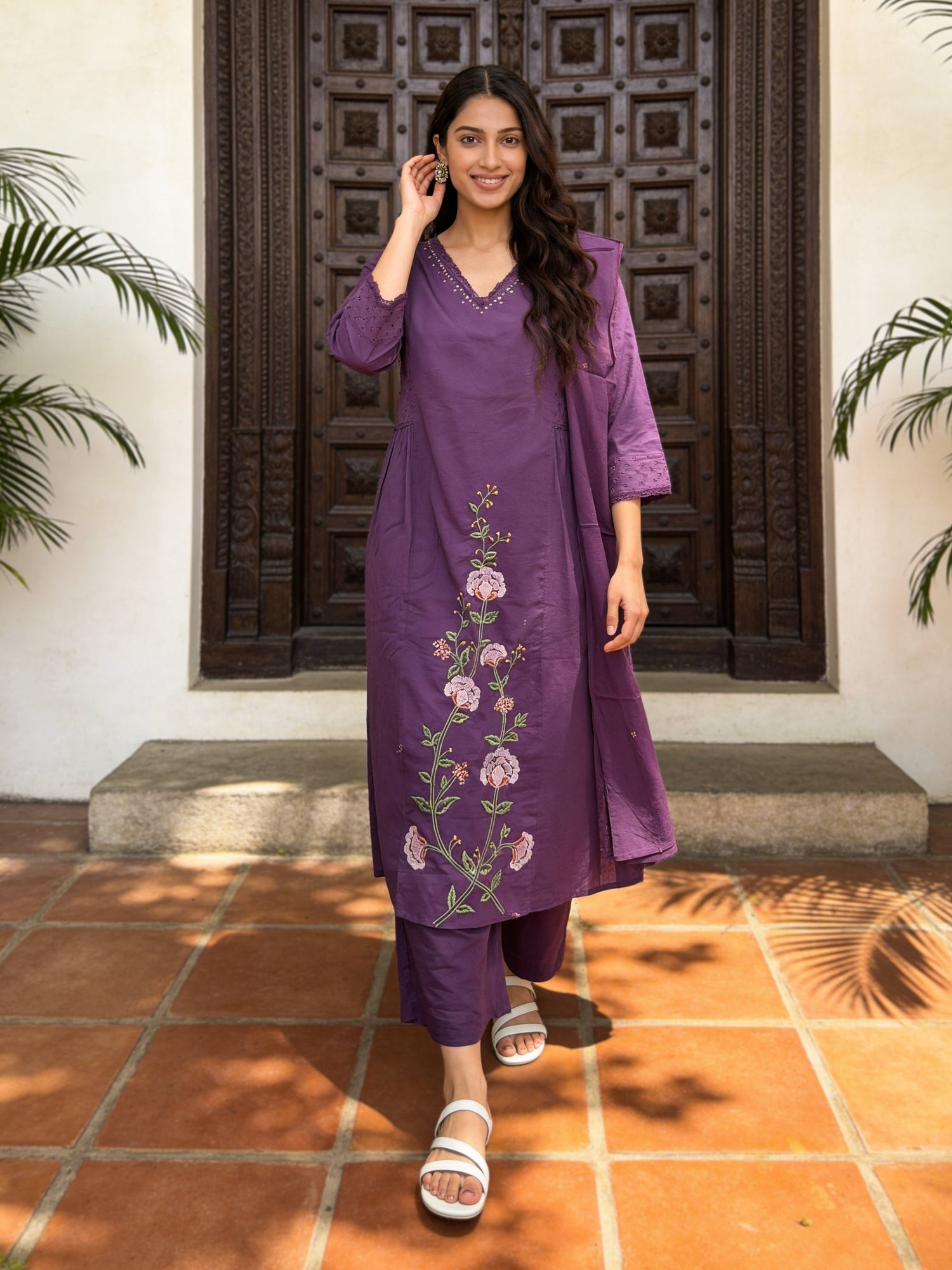 Buy Cotton Embroidered Straight Calf Length Kurta With Pant and Dupatta-Purple