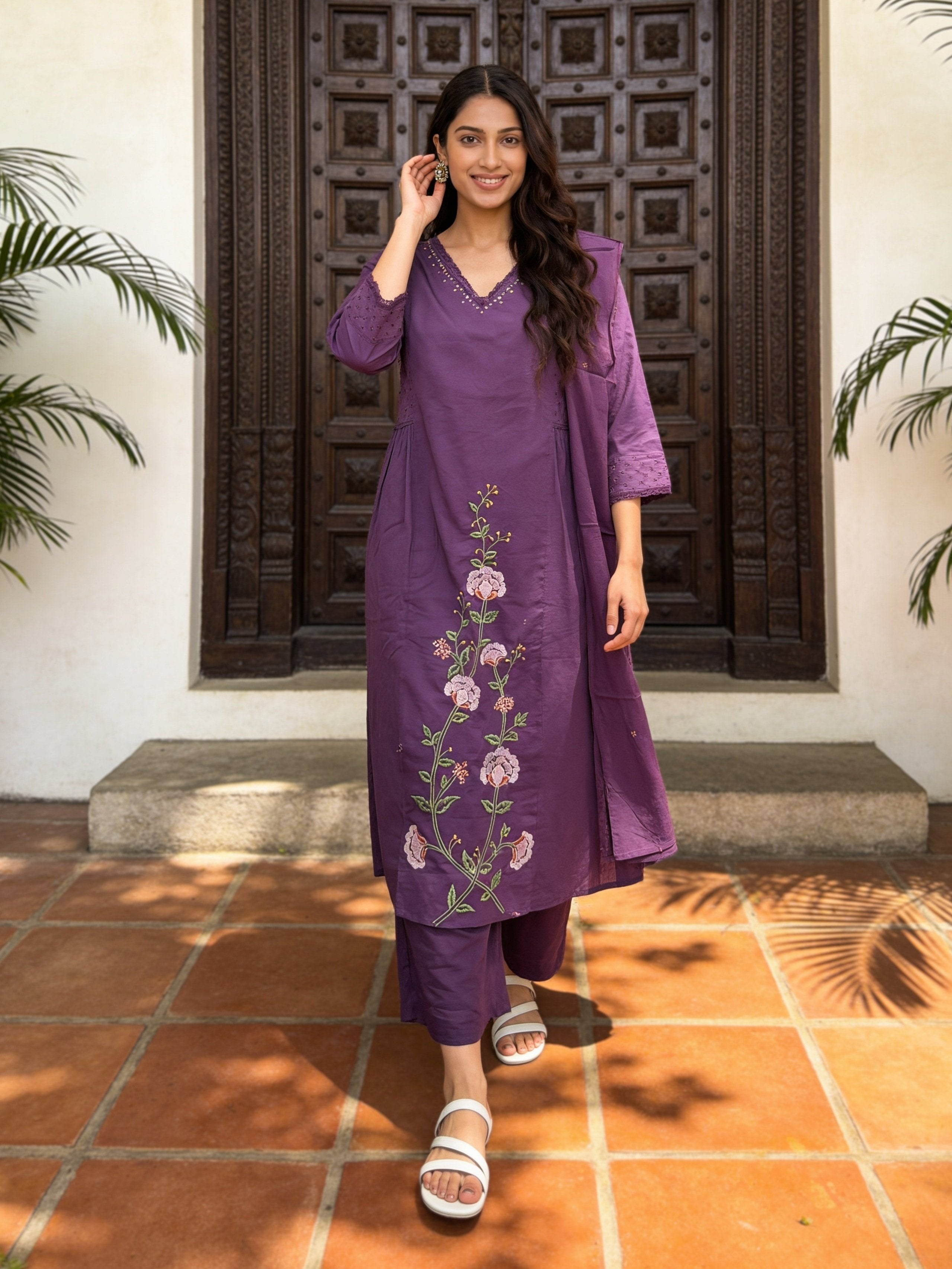 Cotton Embroidered Straight Calf Length Kurta With Pant and Dupatta