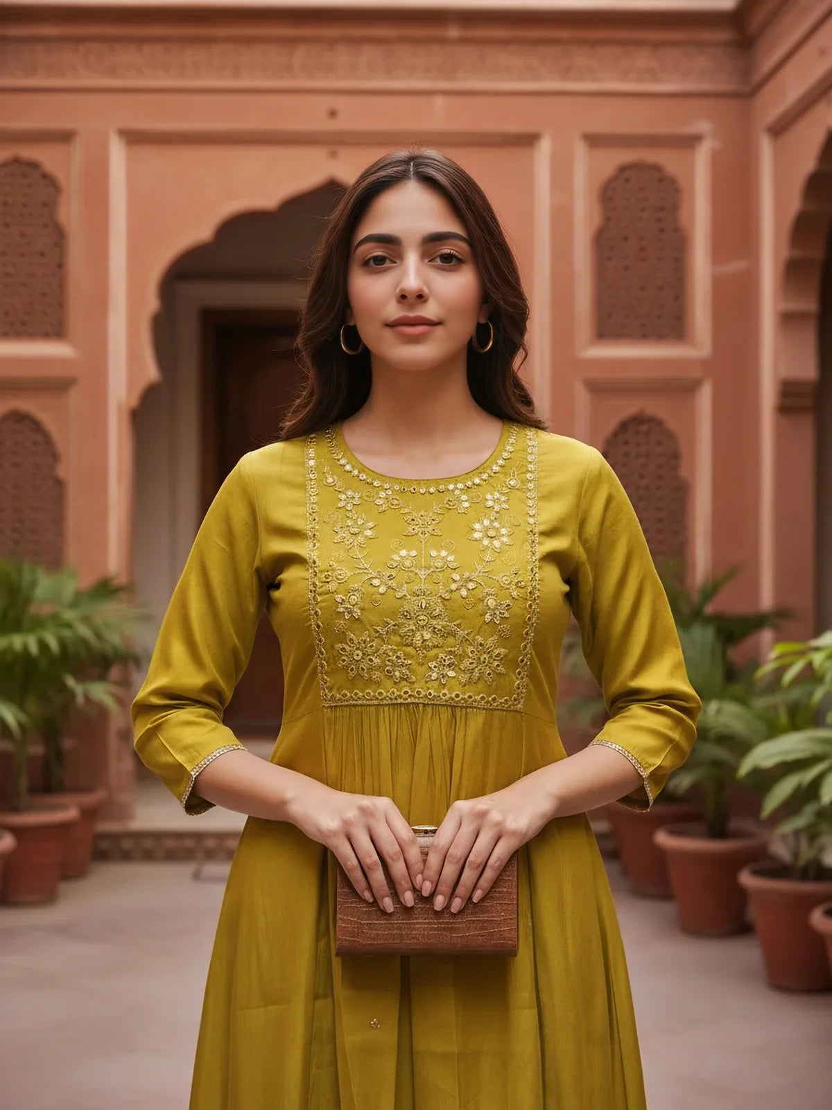 Buy Poly Viscose Embroidered Anarkali Calf Length Kurta with Pant and Dupatta-Yellow