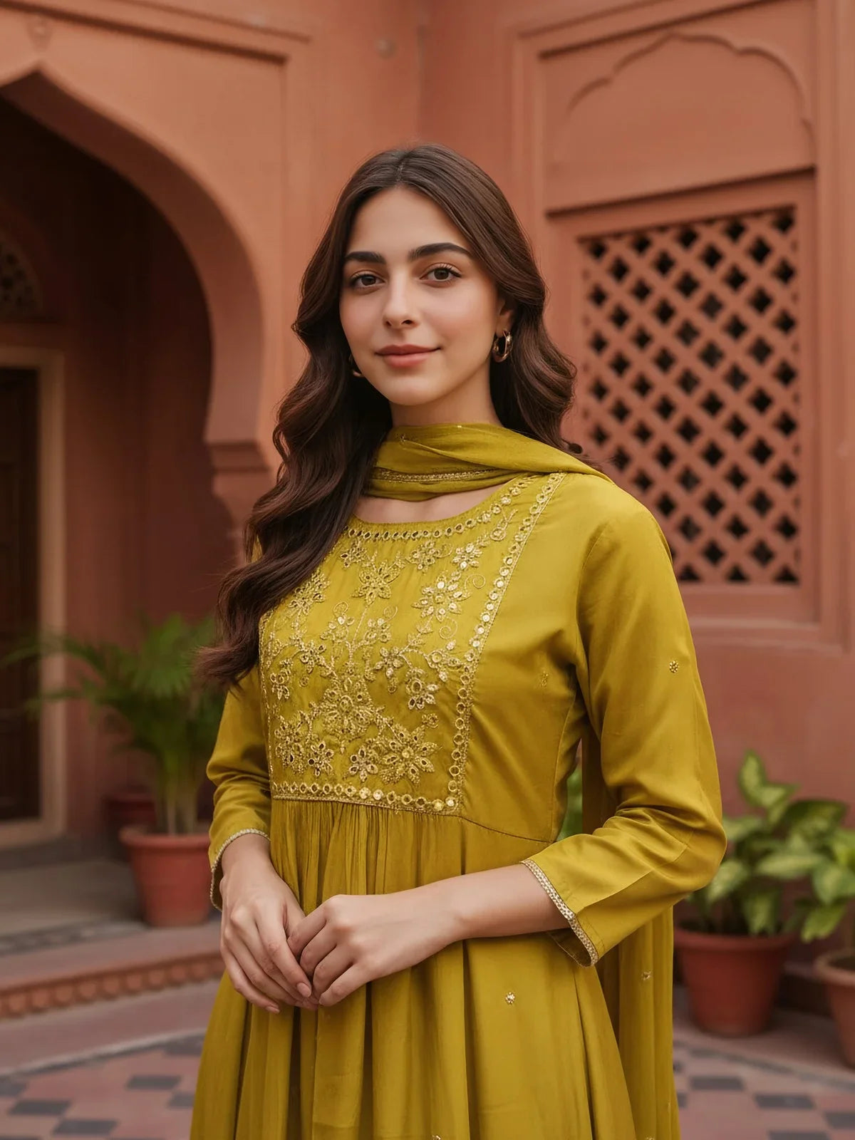 Buy Poly Viscose Embroidered Anarkali Calf Length Kurta with Pant and Dupatta-Yellow