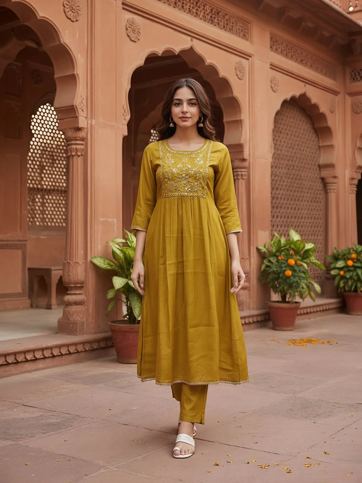 Buy Poly Viscose Embroidered Anarkali Calf Length Kurta with Pant and Dupatta-Yellow