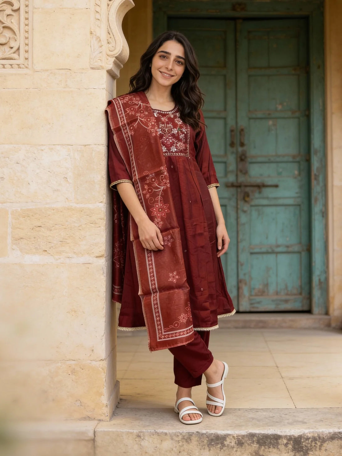 Buy Poly Viscose Embroidered A-Line Calf Length Kurta and Pant With Dupatta-Maroon