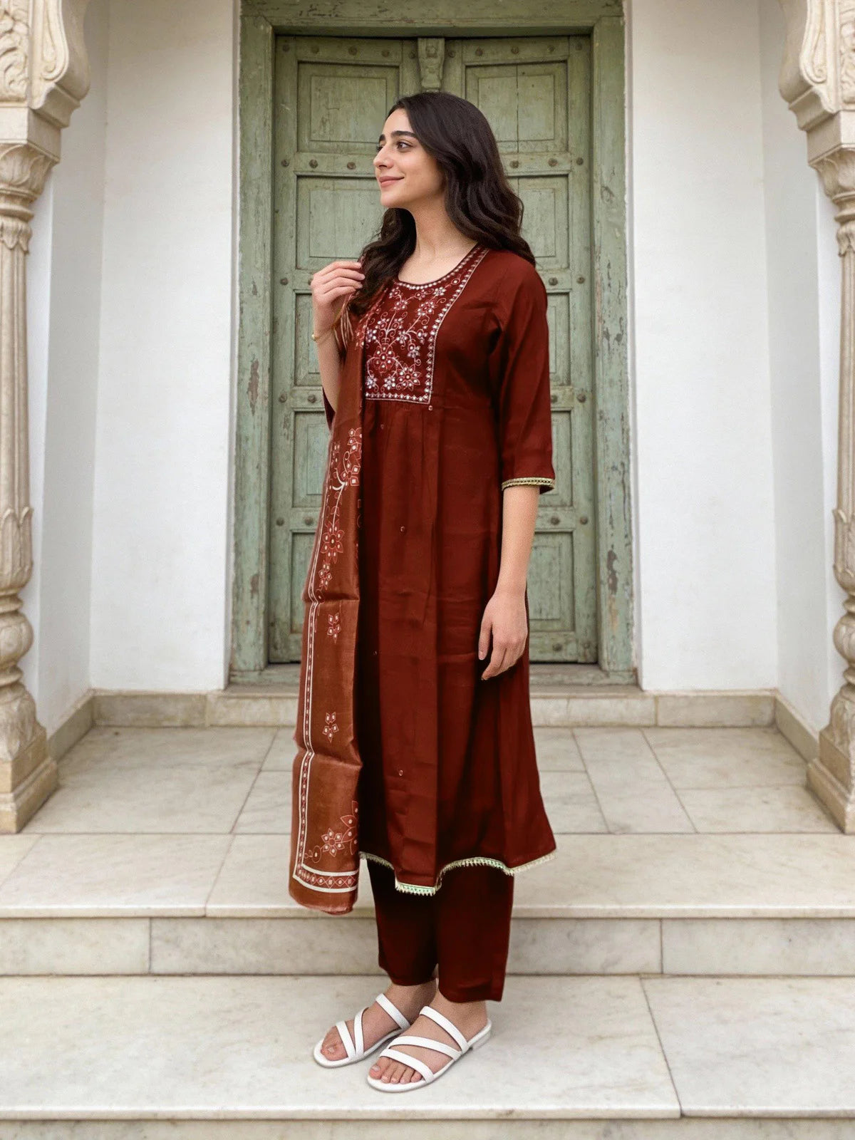Buy Poly Viscose Embroidered A-Line Calf Length Kurta and Pant With Dupatta-Maroon