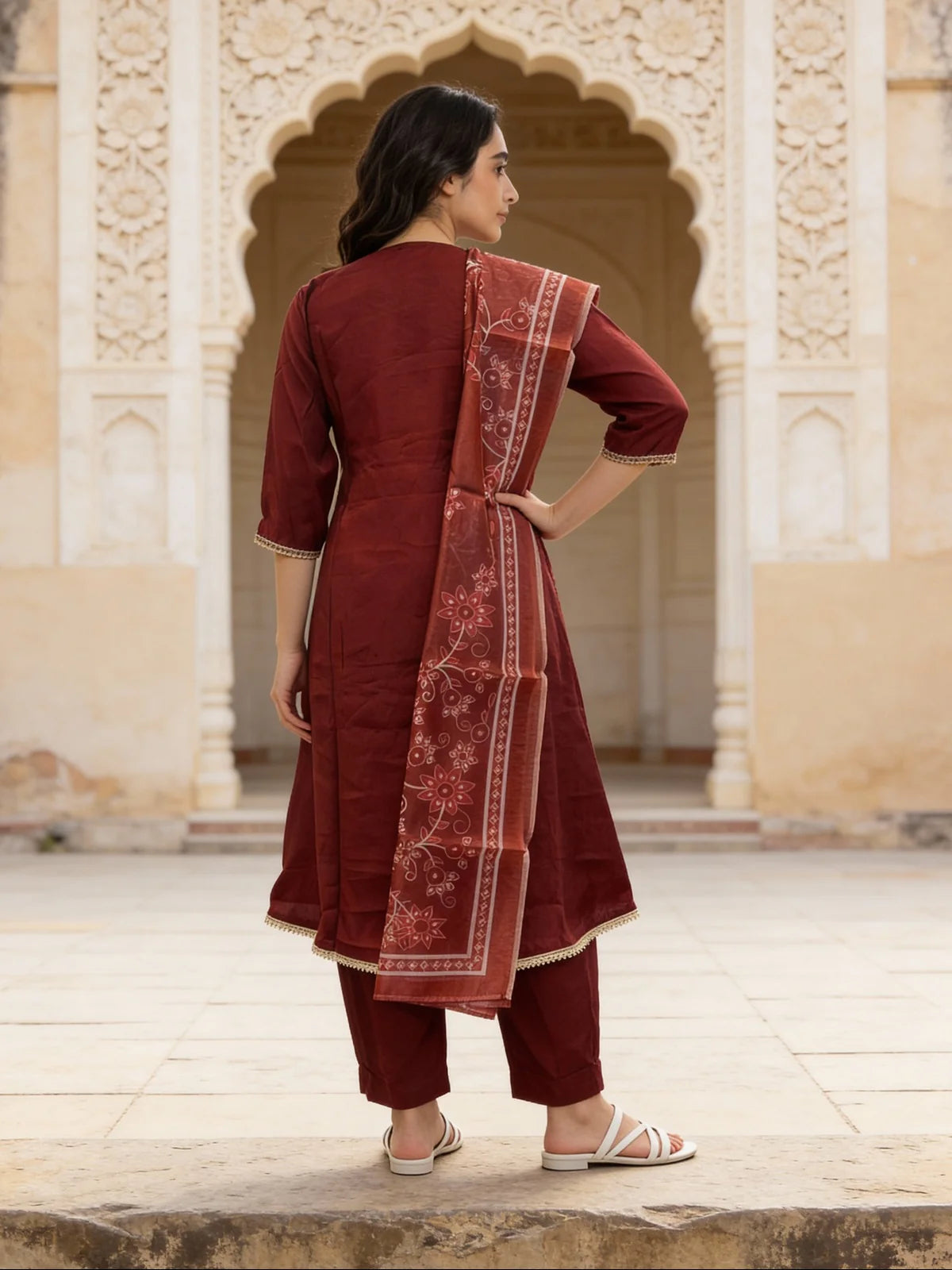 Buy Poly Viscose Embroidered A-Line Calf Length Kurta and Pant With Dupatta-Maroon