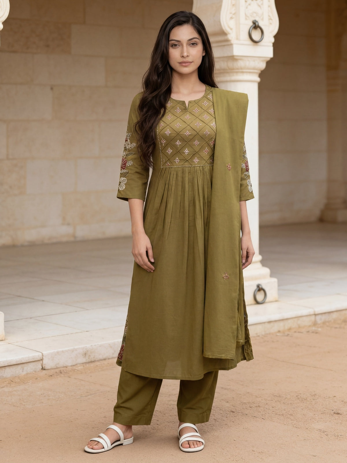 Buy Cotton Embroidered Straight Calf Length Kurta With Pant and Dupatta-Green