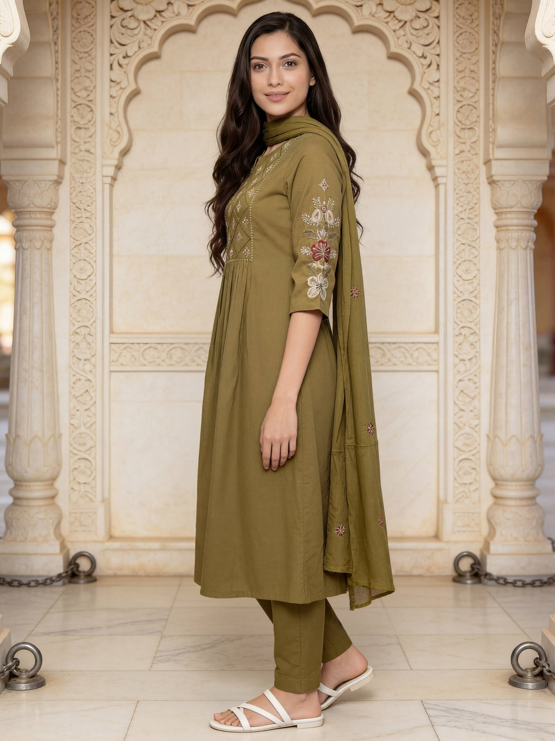 Buy Cotton Embroidered Straight Calf Length Kurta With Pant and Dupatta-Green