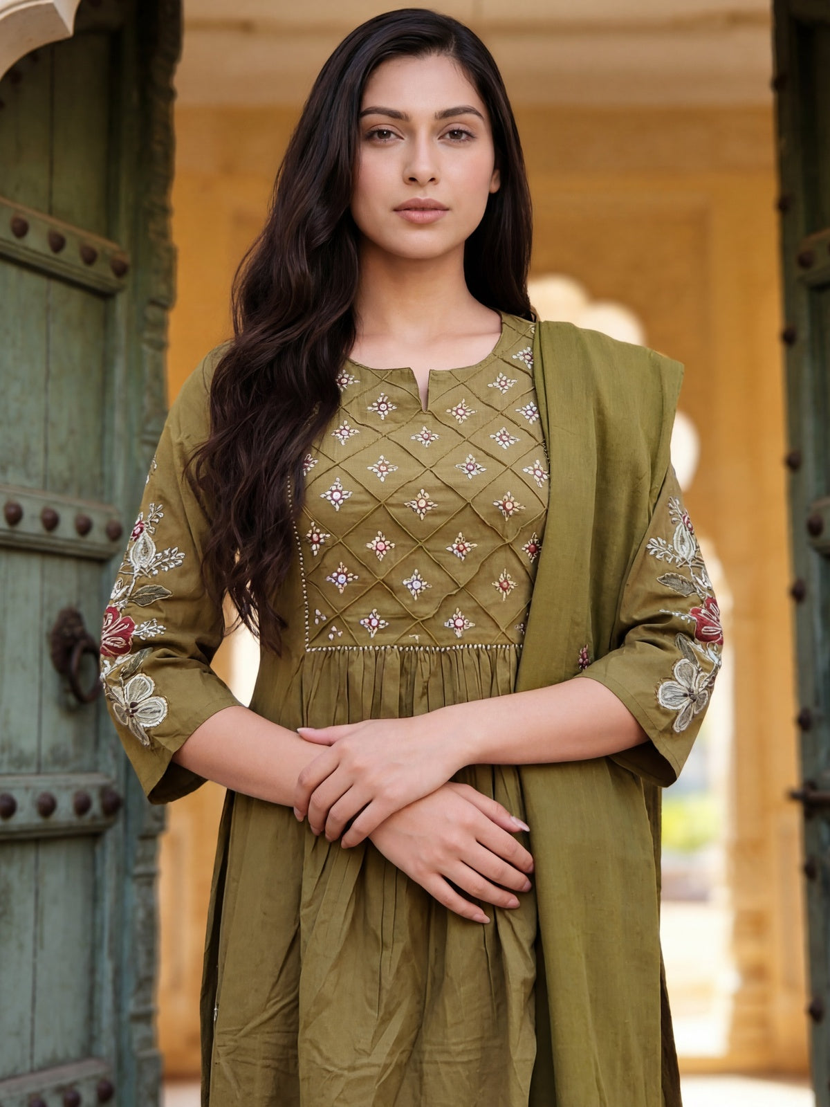 Cotton Embroidered Straight Calf Length Kurta With Pant and Dupatta