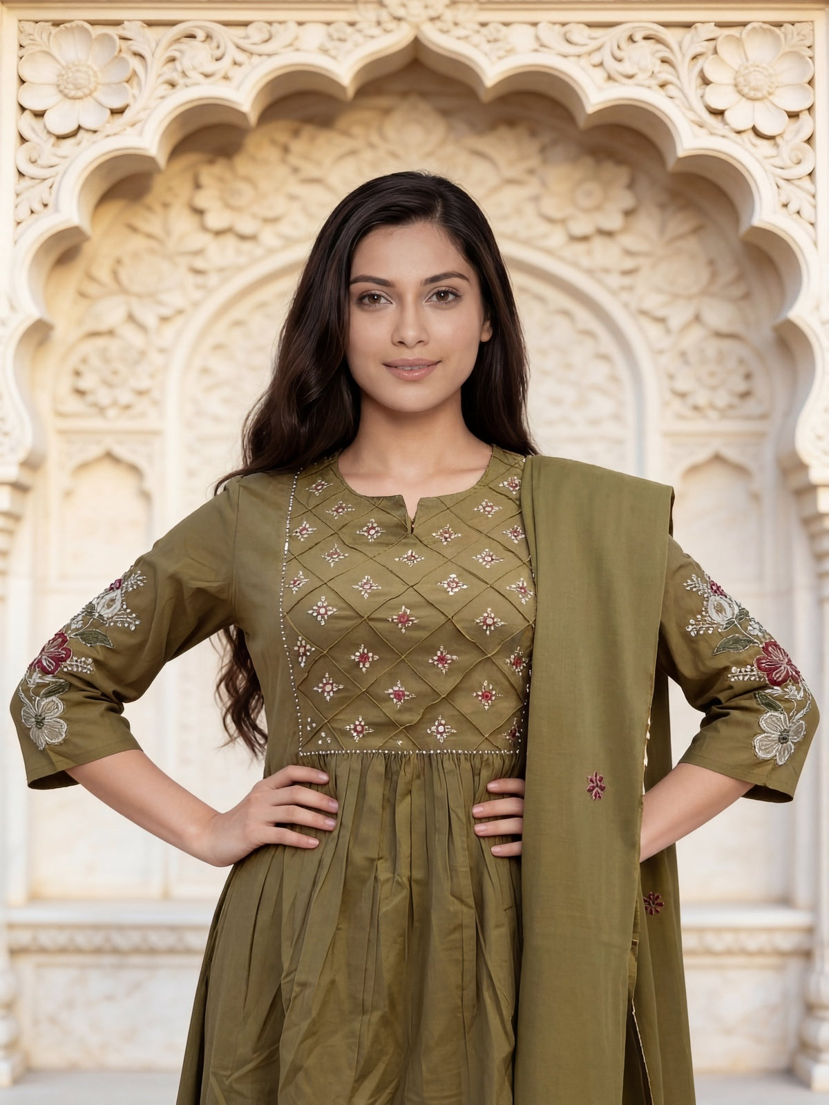 Cotton Embroidered Straight Calf Length Kurta With Pant and Dupatta