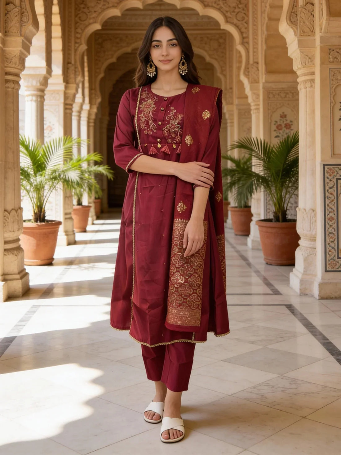 Buy Poly Viscose Embroidered A-Line Calf Length Kurta and Pant with Dupatta-Pink