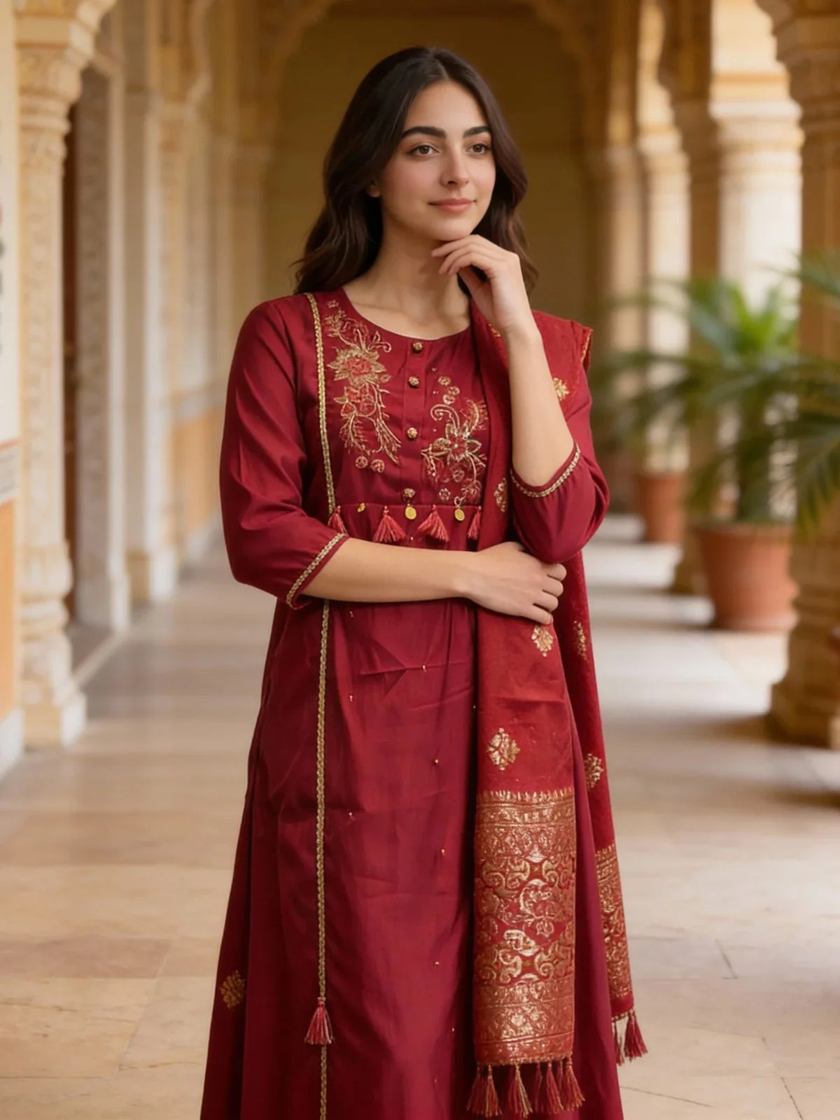 Buy Poly Viscose Embroidered A-Line Calf Length Kurta and Pant with Dupatta-Pink