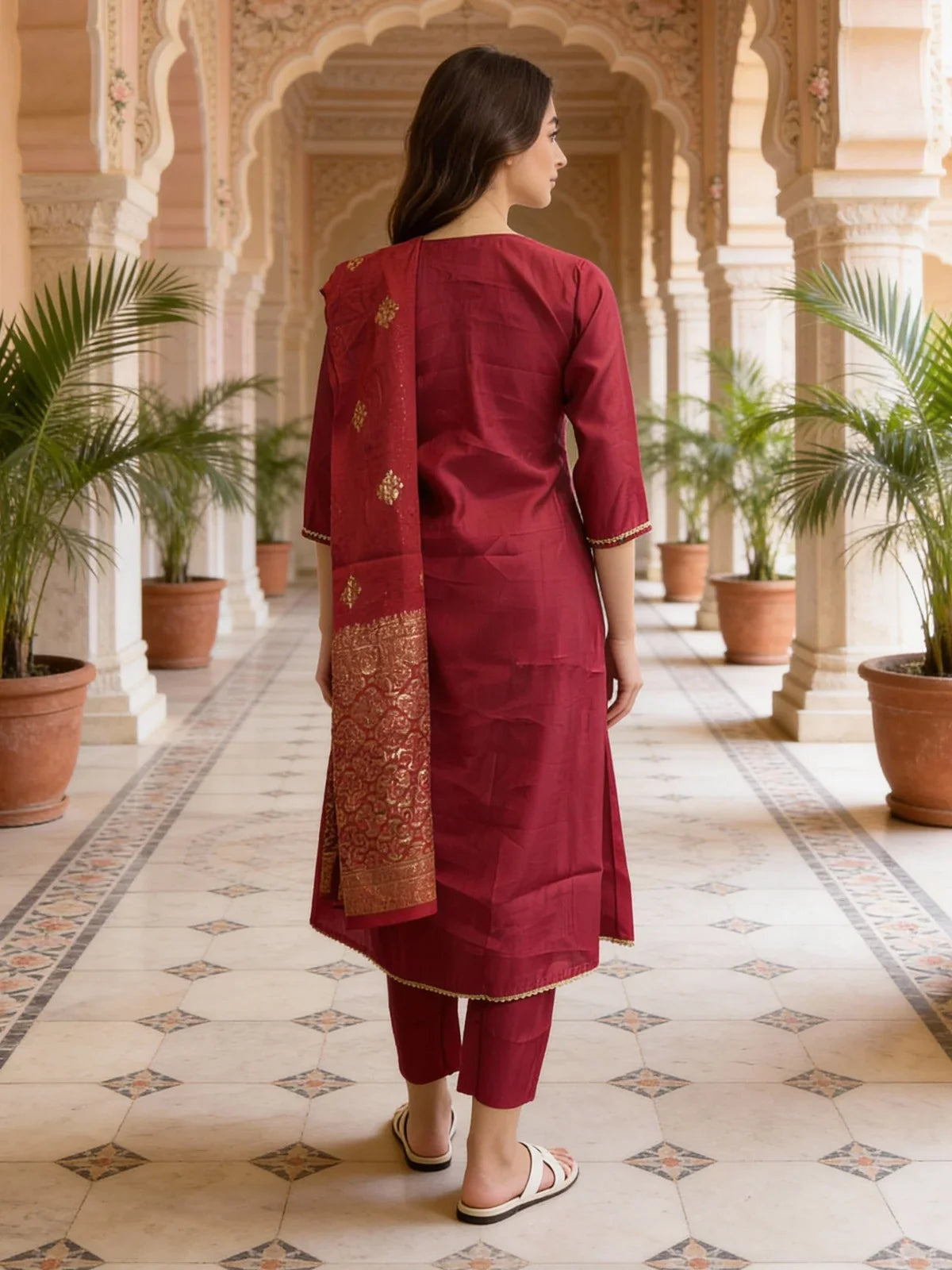 Buy Poly Viscose Embroidered A-Line Calf Length Kurta and Pant with Dupatta-Pink