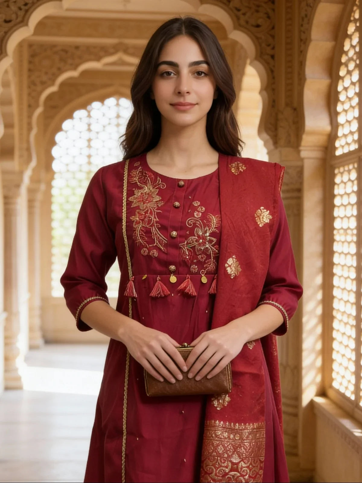 Buy Poly Viscose Embroidered A-Line Calf Length Kurta and Pant with Dupatta-Pink