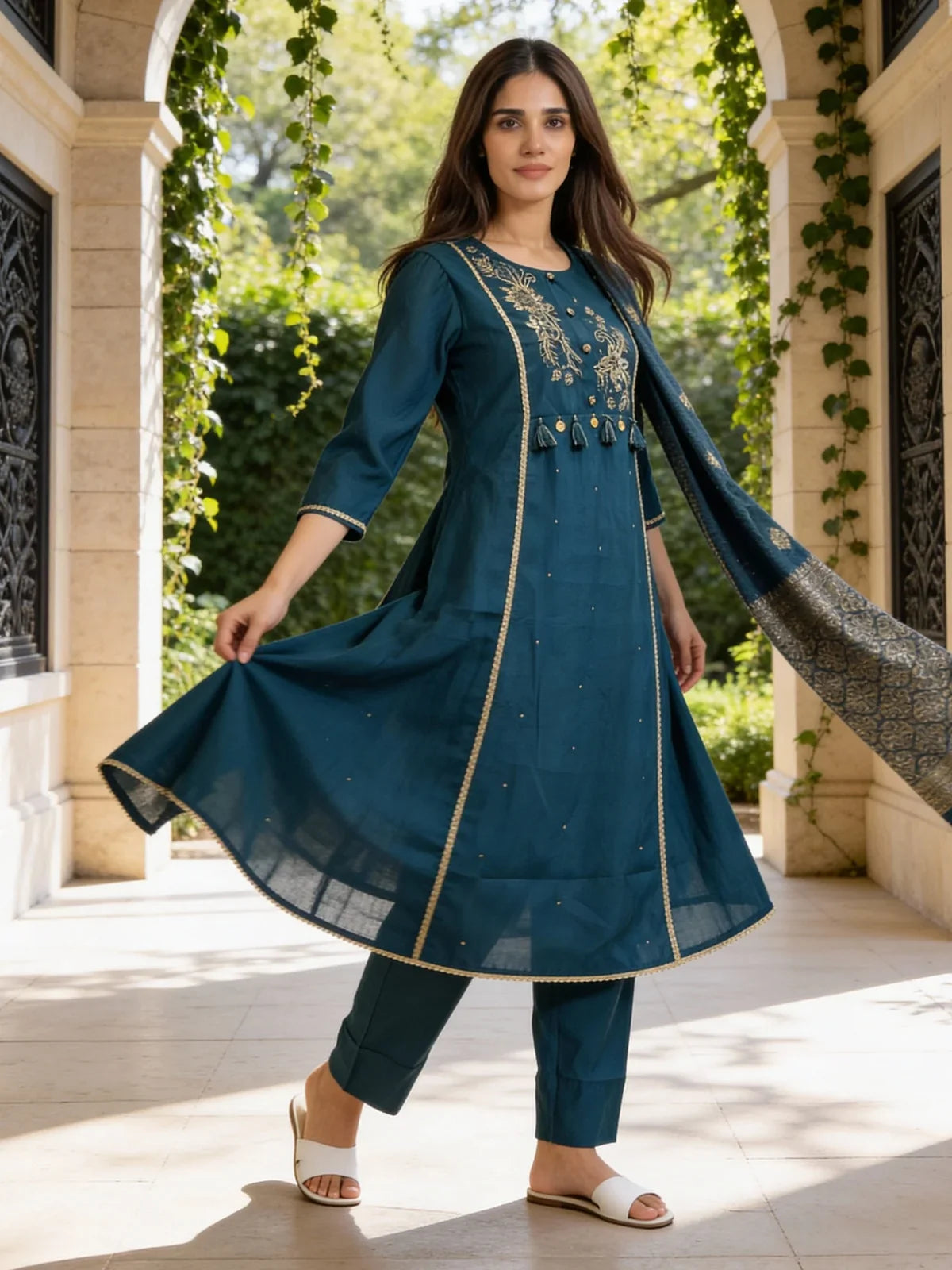Buy Poly Viscose Embroidered A-Line Calf Length Kurta and Pant with Dupatta-Navy Blue