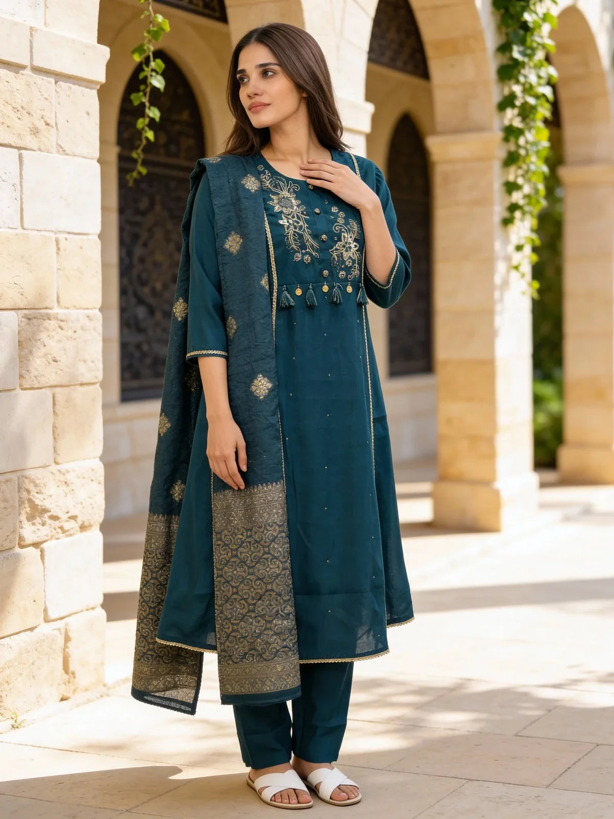 Buy Poly Viscose Embroidered A-Line Calf Length Kurta and Pant with Dupatta-Navy Blue