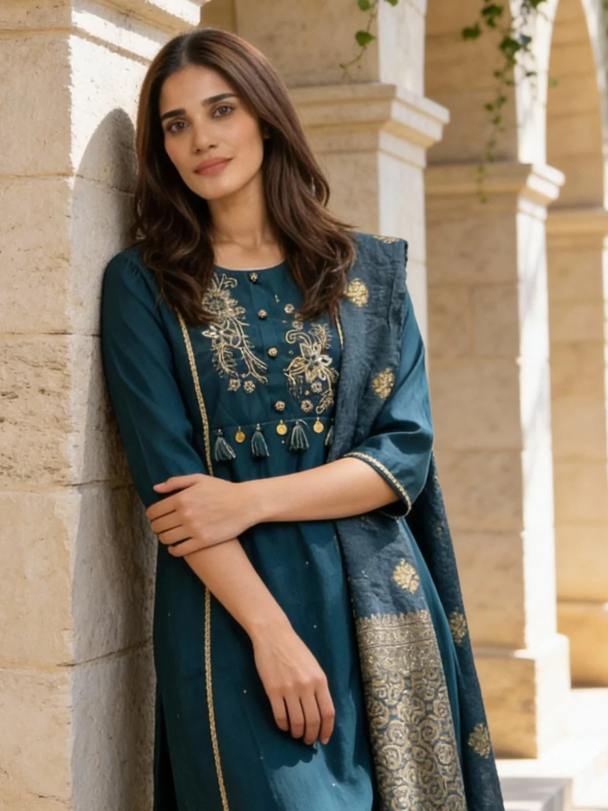 Buy Poly Viscose Embroidered A-Line Calf Length Kurta and Pant with Dupatta-Navy Blue