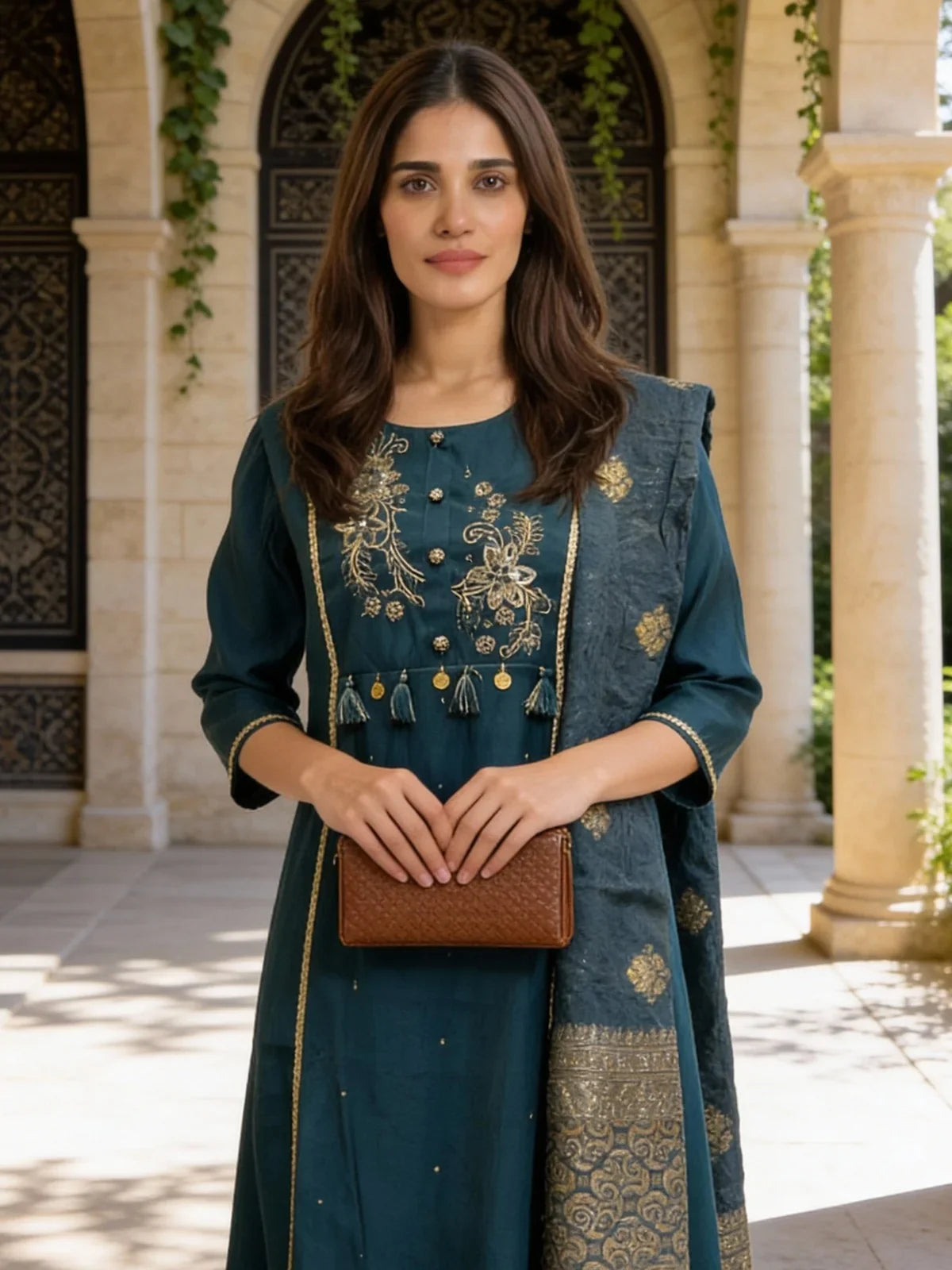 Buy Poly Viscose Embroidered A-Line Calf Length Kurta and Pant with Dupatta-Navy Blue