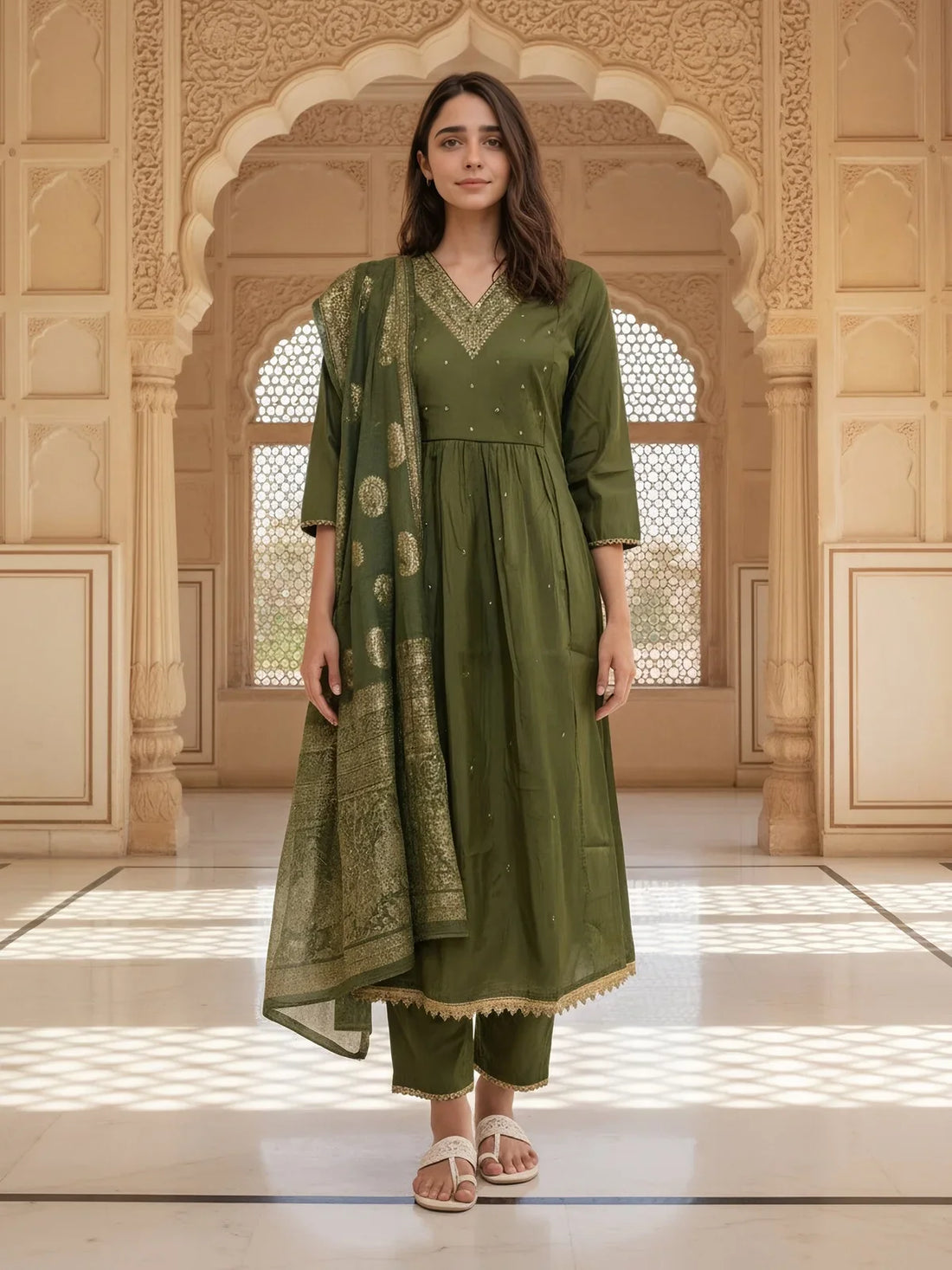 Buy Poly Viscose Embroidered Anarkali Calf Length Kurta with Pant and Dupatta-Green
